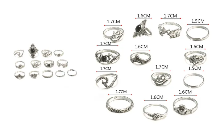 13 Piece Women Accessories Vintage Silver Ring Jewellery Set