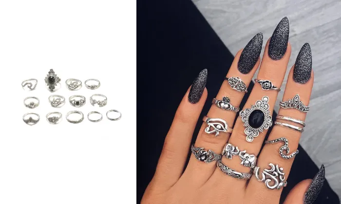 13 Piece Women Accessories Vintage Silver Ring Jewellery Set