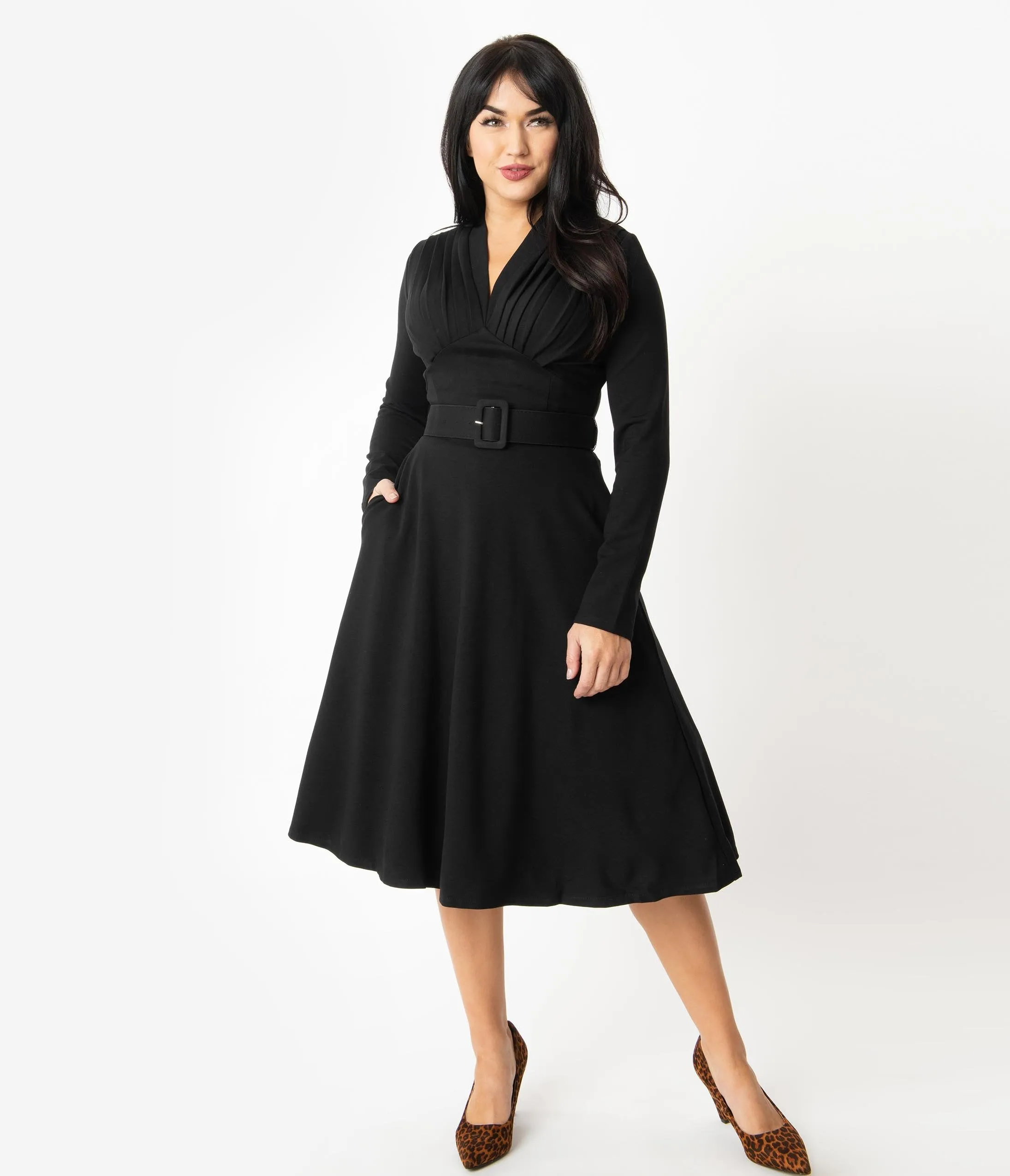 1940s Style Black Ponte Claudia Swing Dress