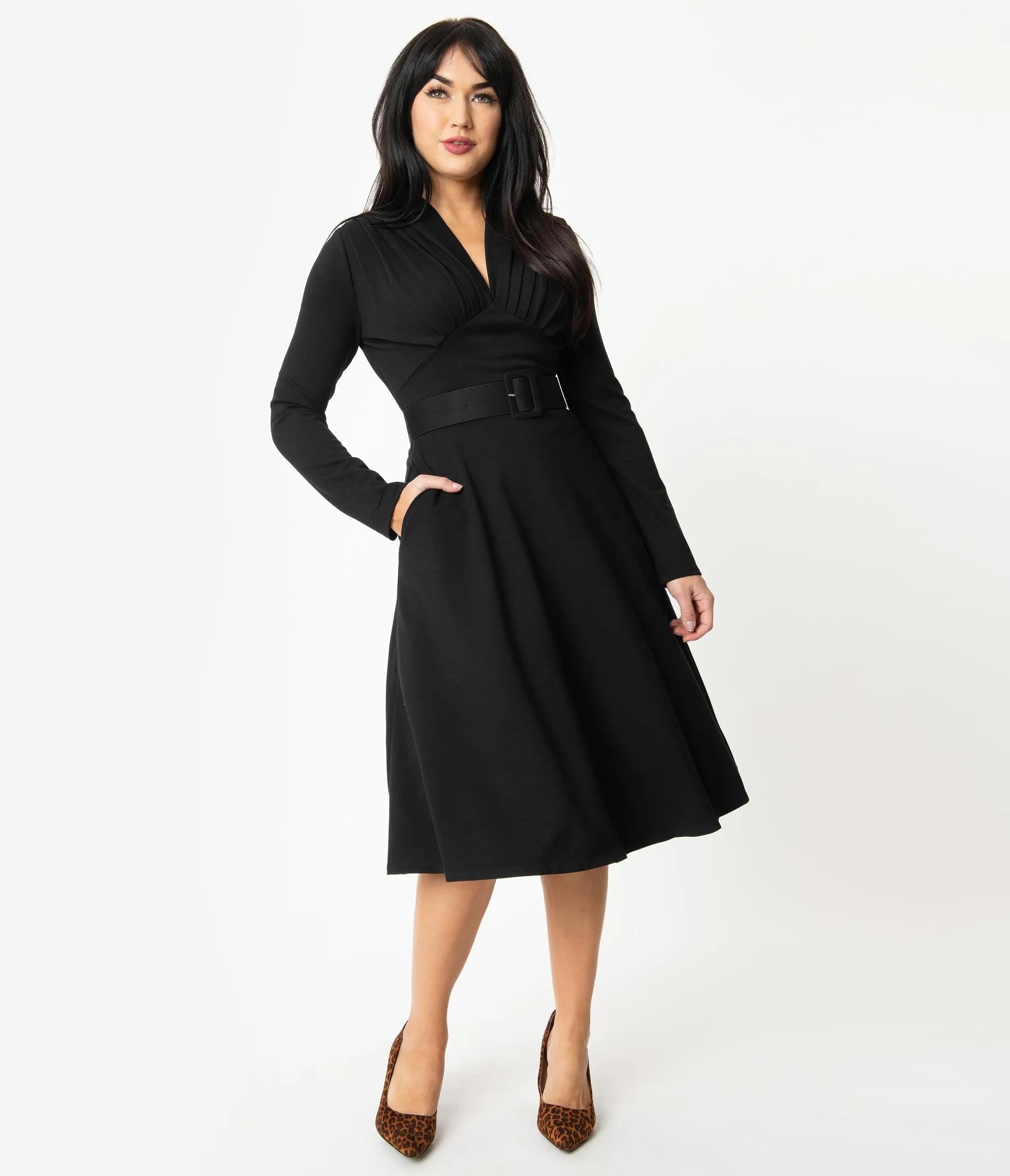 1940s Style Black Ponte Claudia Swing Dress