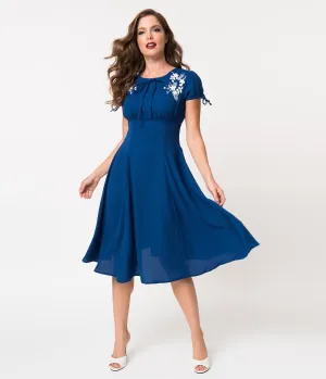 1940s Style Royal Blue & White Embroidered Floral Ava Swing Dress