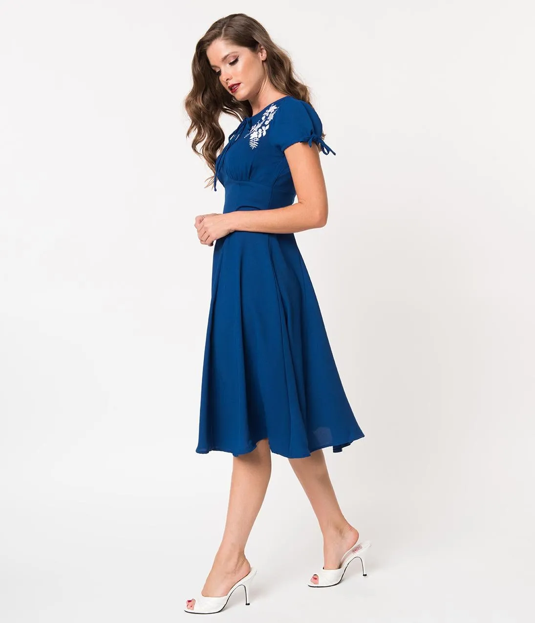 1940s Style Royal Blue & White Embroidered Floral Ava Swing Dress