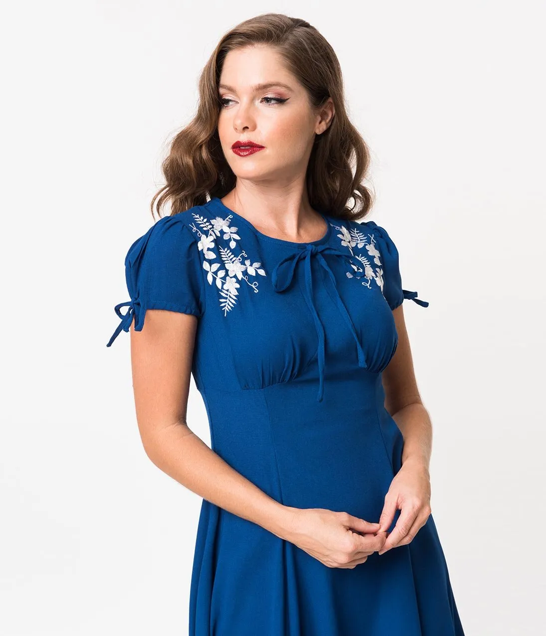 1940s Style Royal Blue & White Embroidered Floral Ava Swing Dress