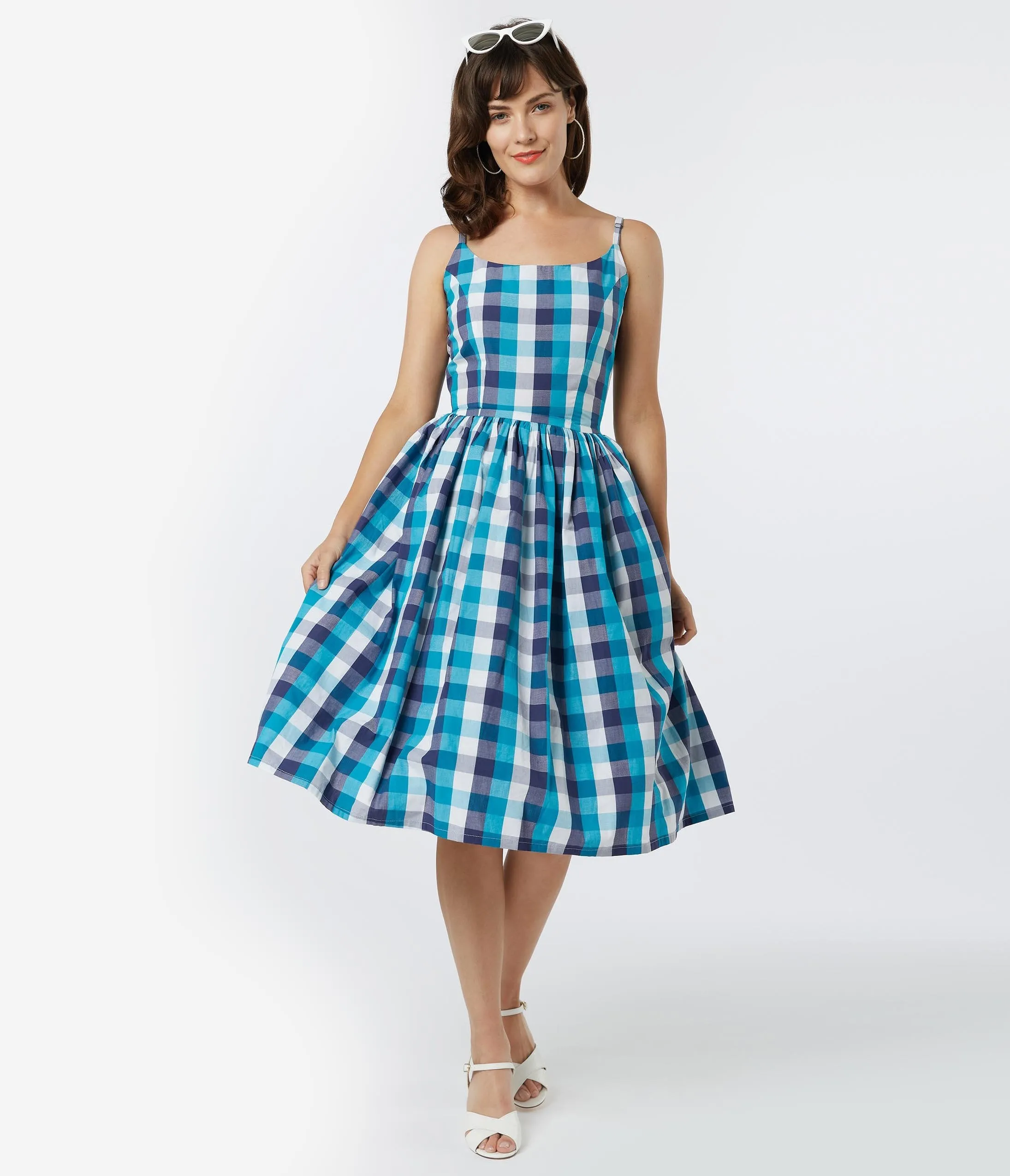 1950s Blue Picnic Plaid Sandra Swing Dress