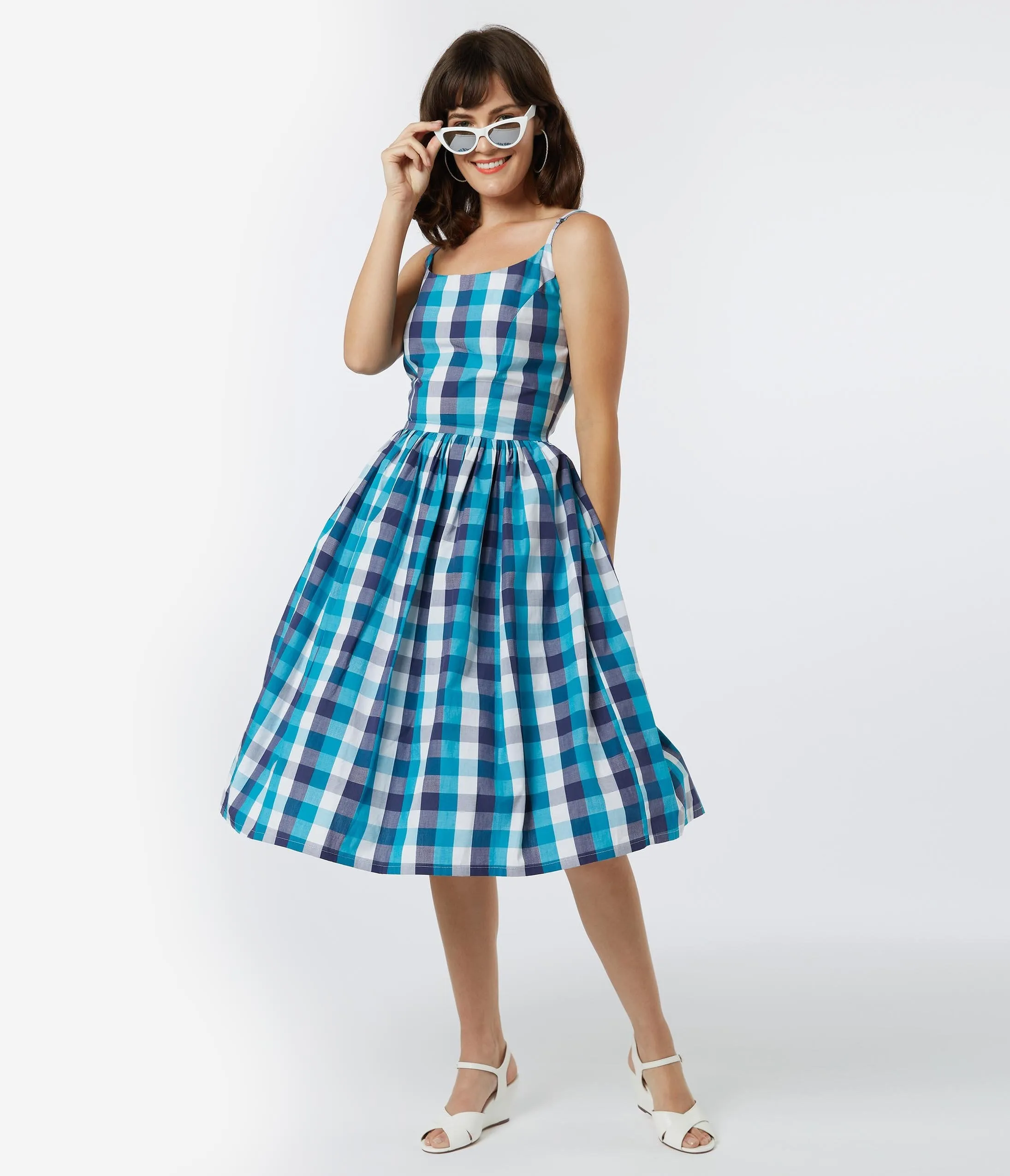 1950s Blue Picnic Plaid Sandra Swing Dress