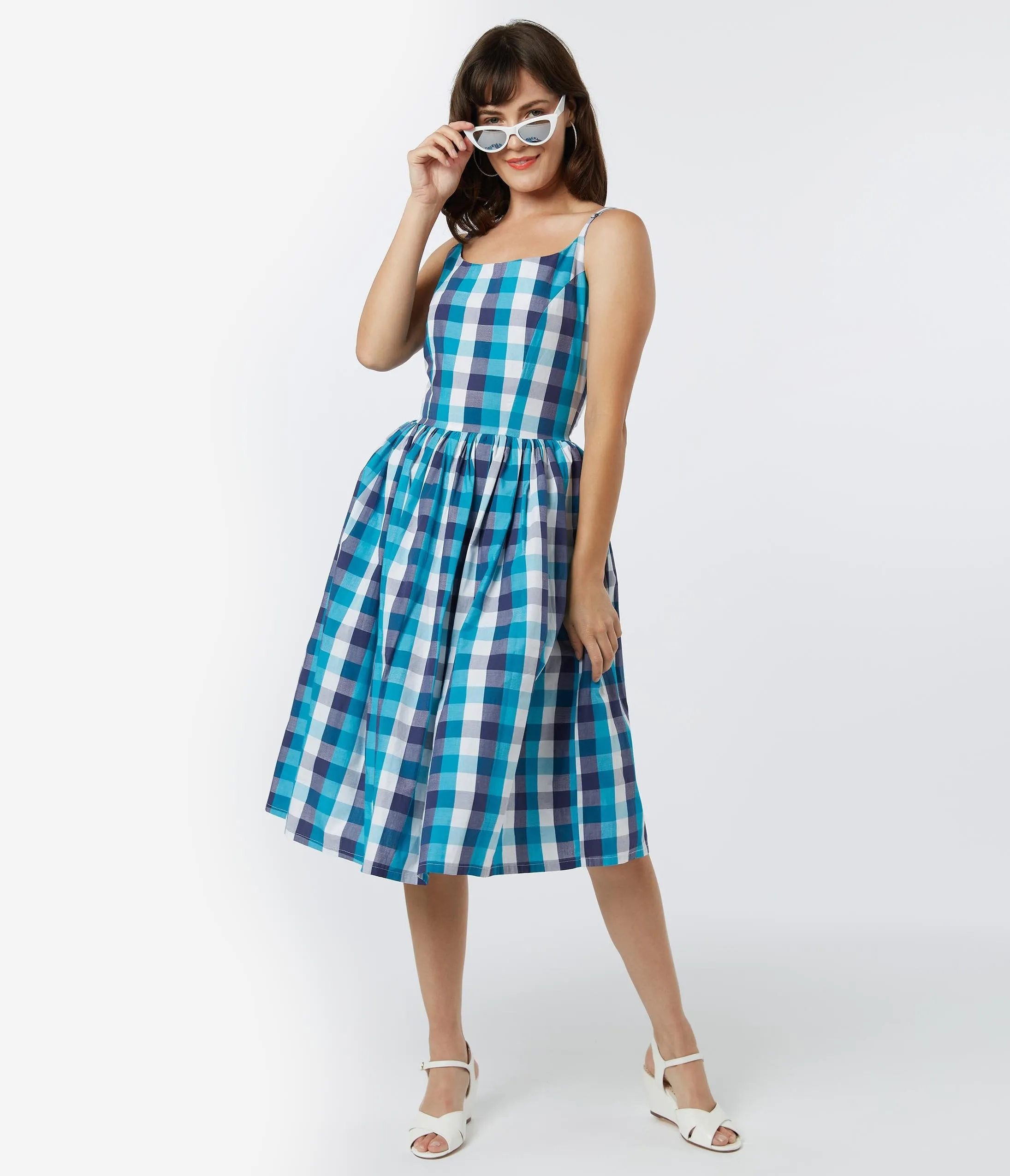 1950s Blue Picnic Plaid Sandra Swing Dress