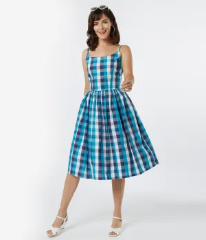 1950s Blue Picnic Plaid Sandra Swing Dress