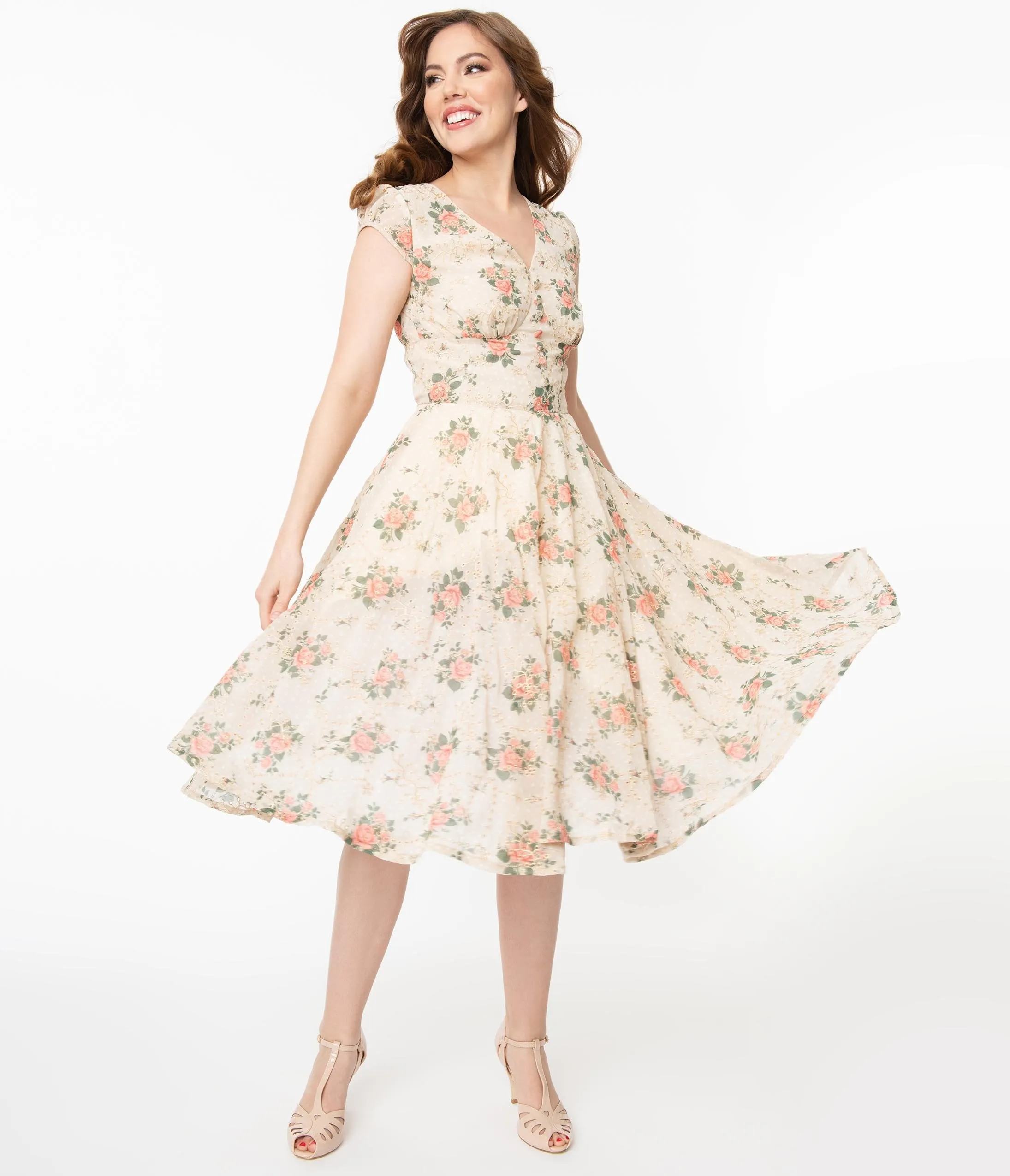 1950s Cream & Pink Floral Eyelet Ellen Swing Dress