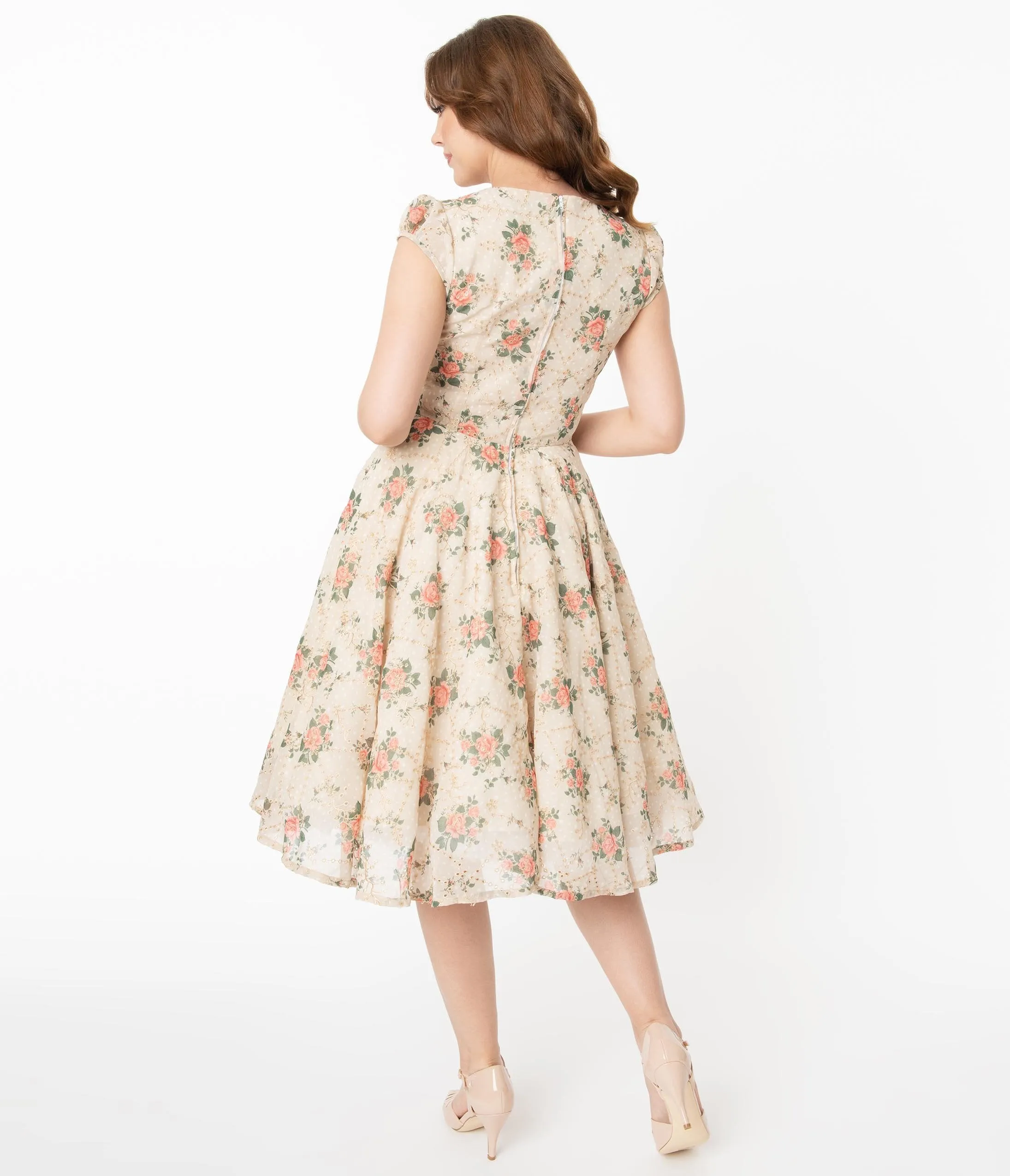 1950s Cream & Pink Floral Eyelet Ellen Swing Dress