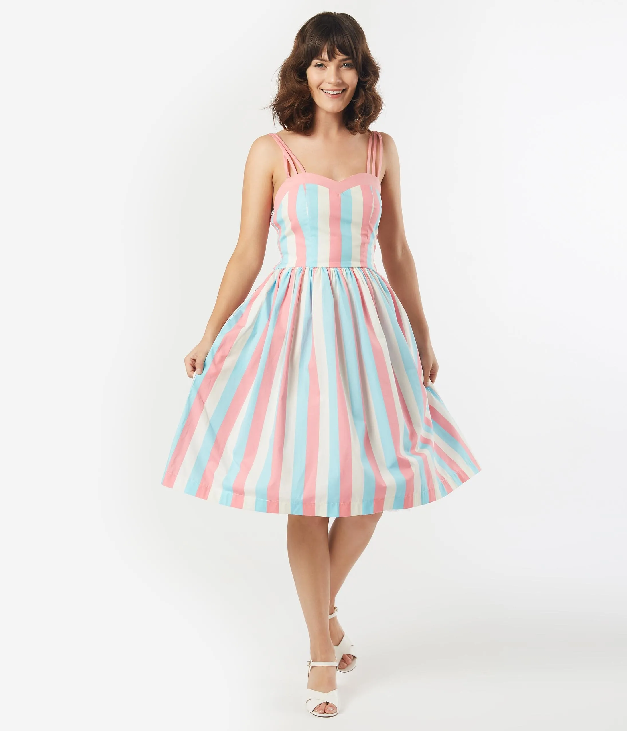 1950s Light Blue & Pink Stripe Candy Swing Dress