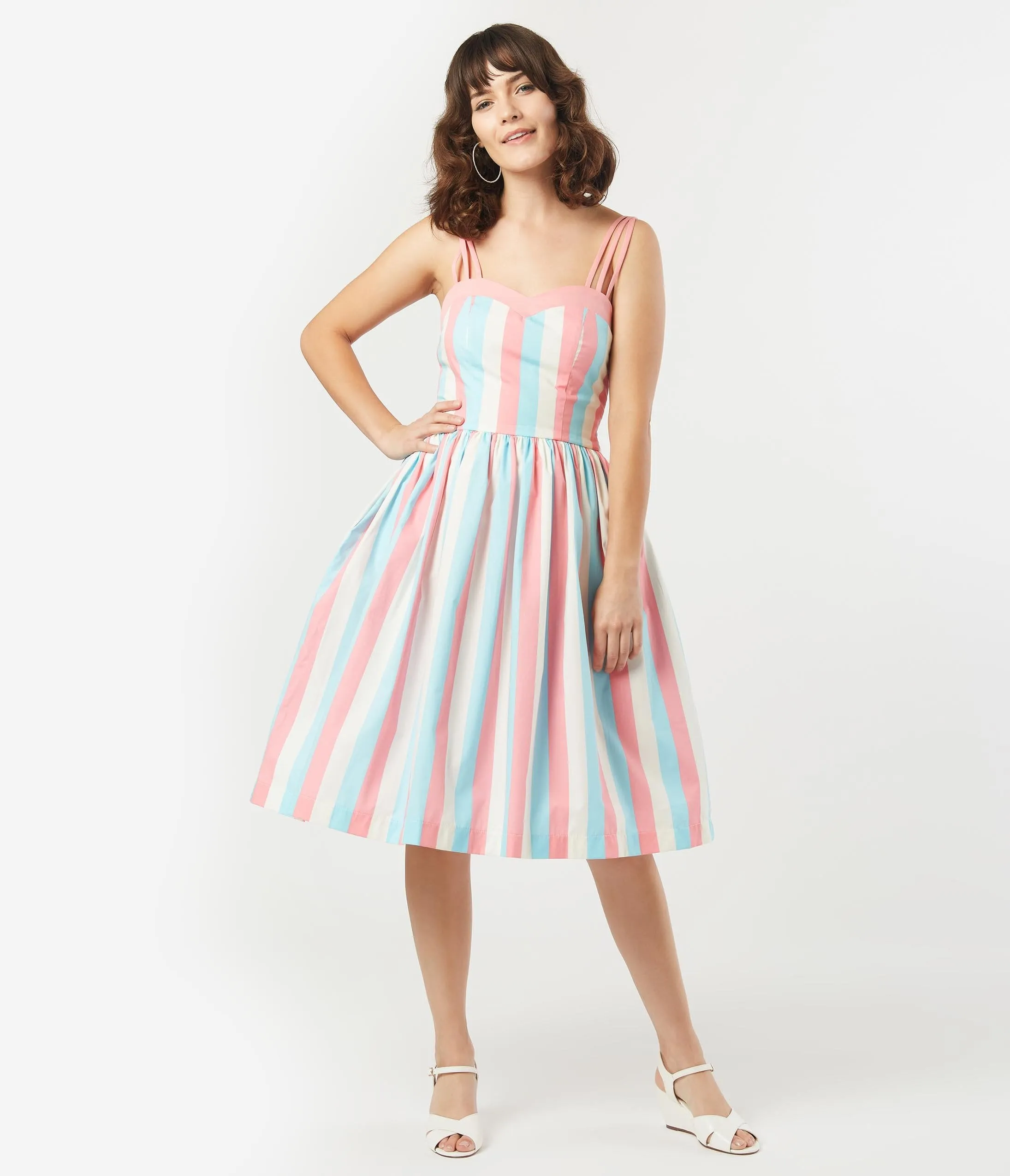 1950s Light Blue & Pink Stripe Candy Swing Dress