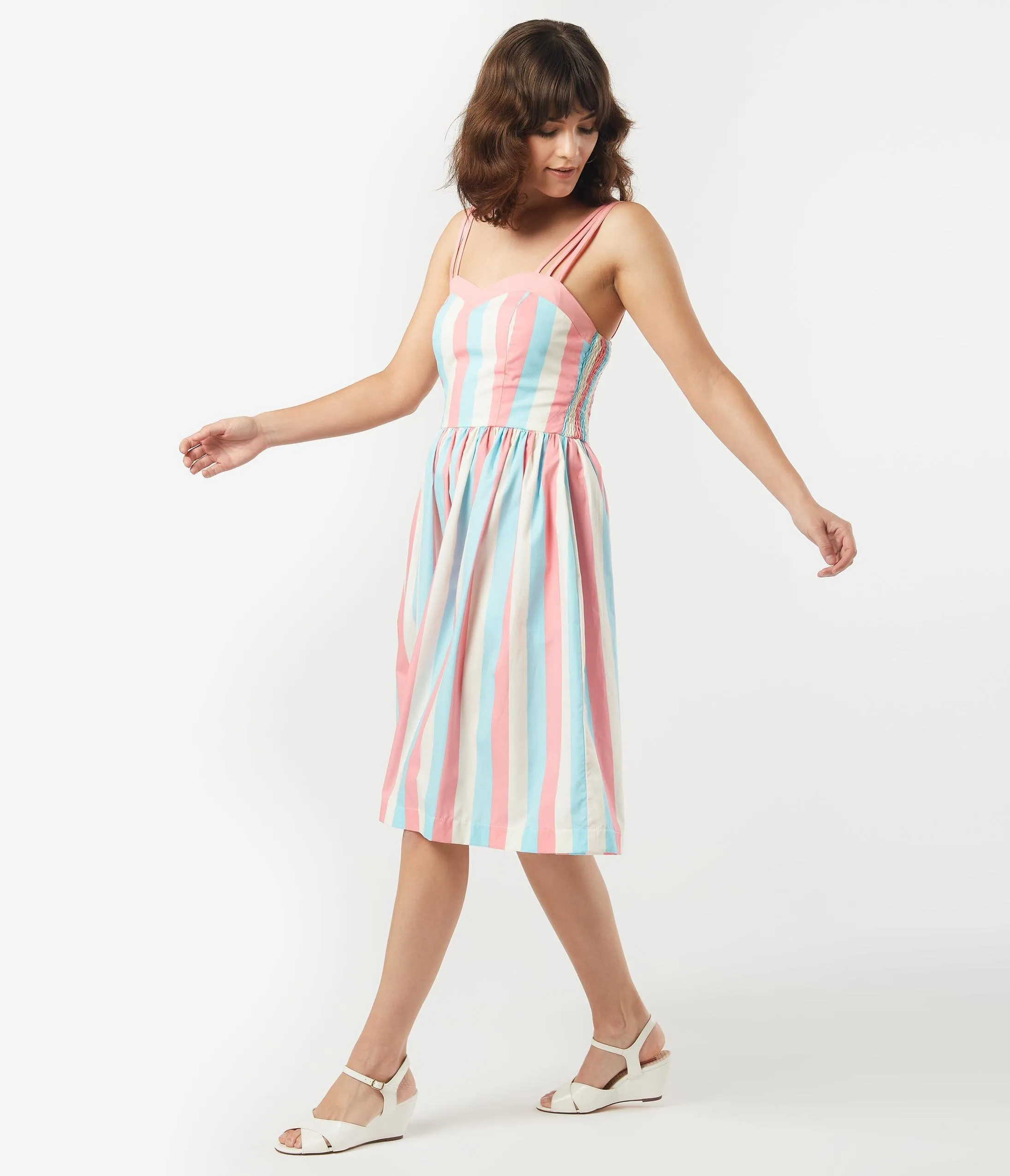 1950s Light Blue & Pink Stripe Candy Swing Dress