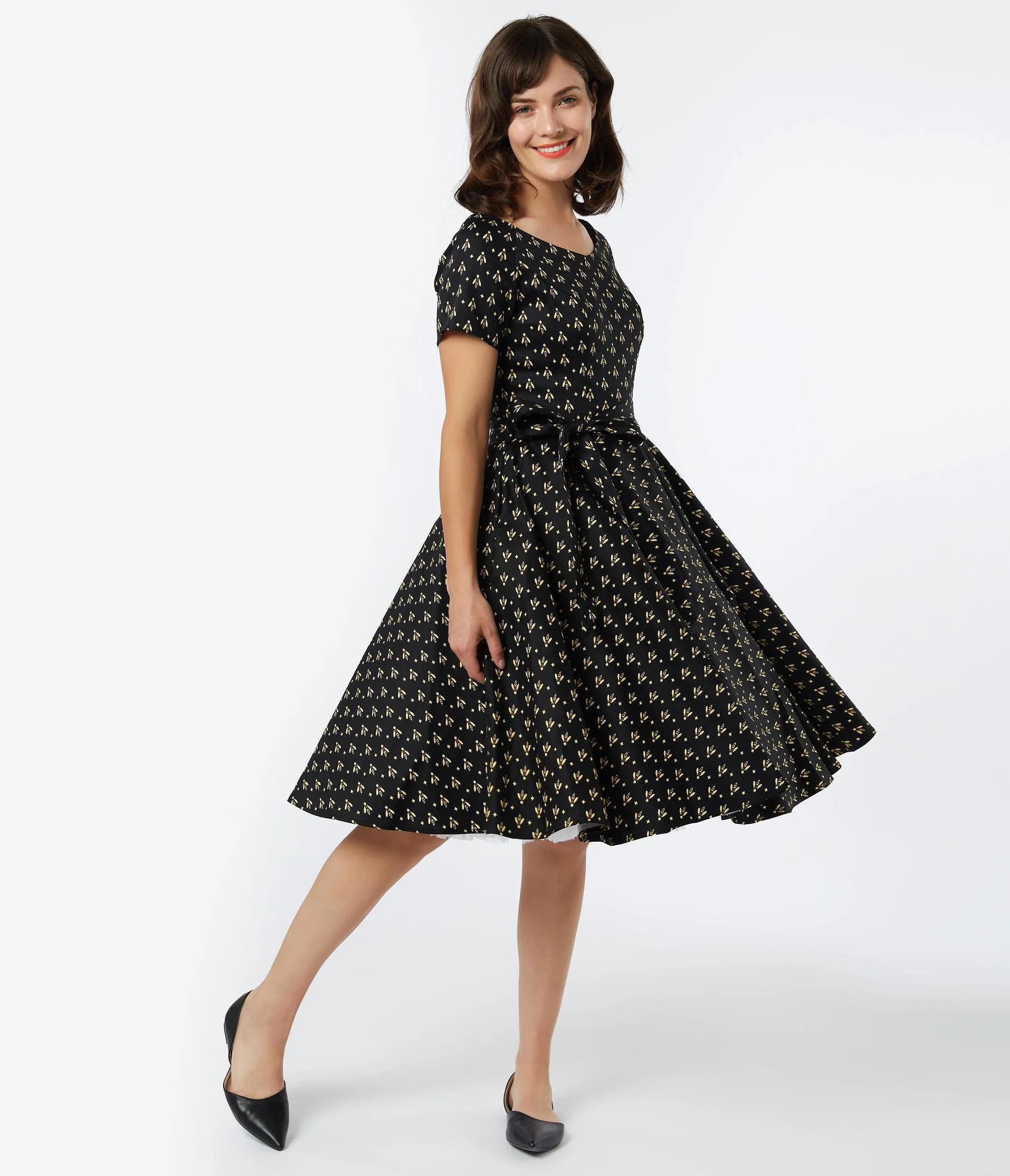 1950s Style Black & Yellow Bee Print Bella Swing Dress