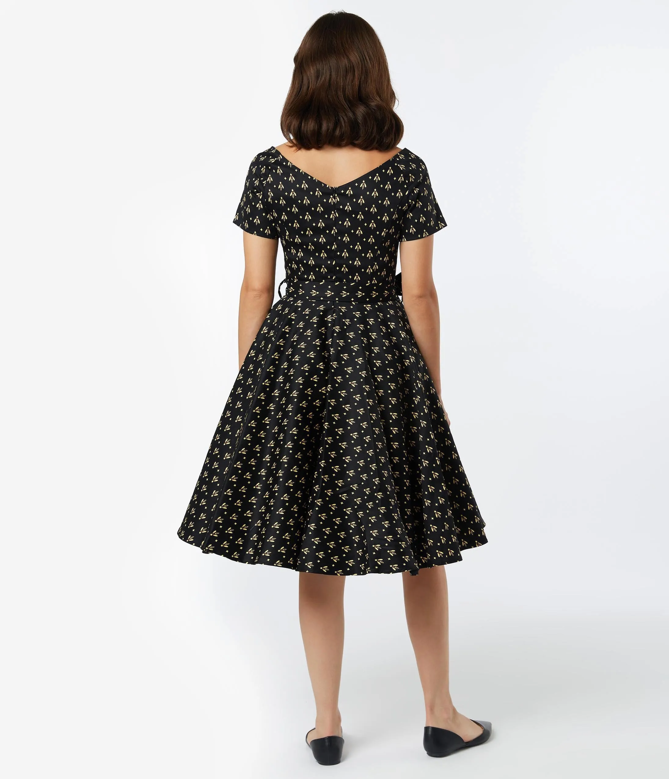 1950s Style Black & Yellow Bee Print Bella Swing Dress