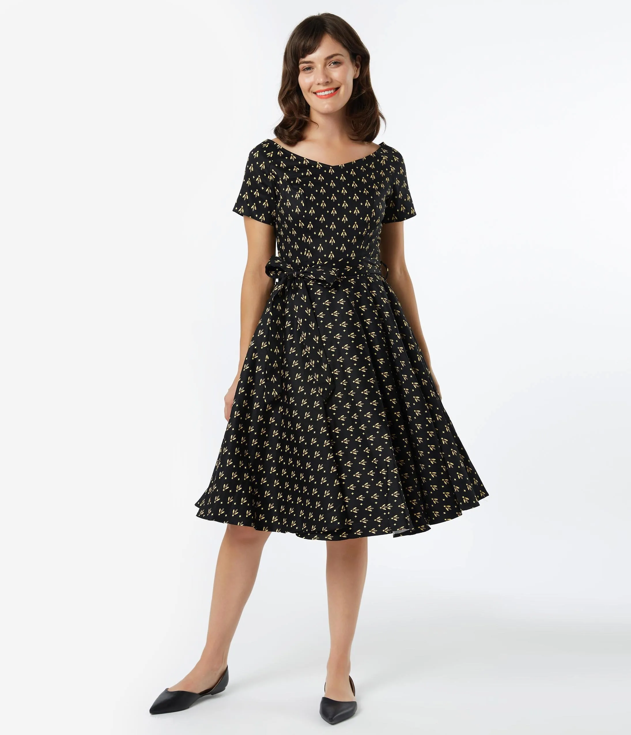 1950s Style Black & Yellow Bee Print Bella Swing Dress