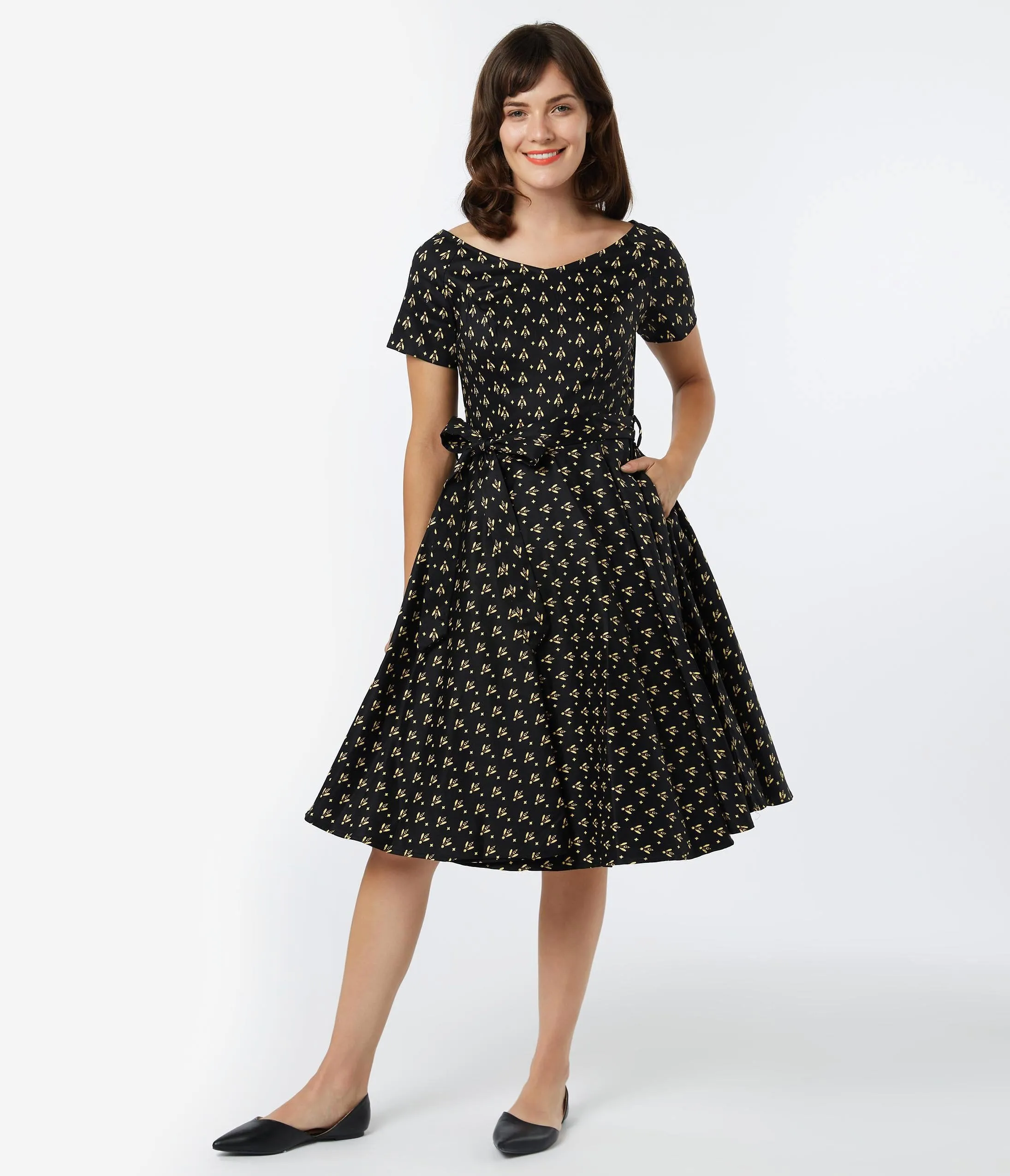 1950s Style Black & Yellow Bee Print Bella Swing Dress