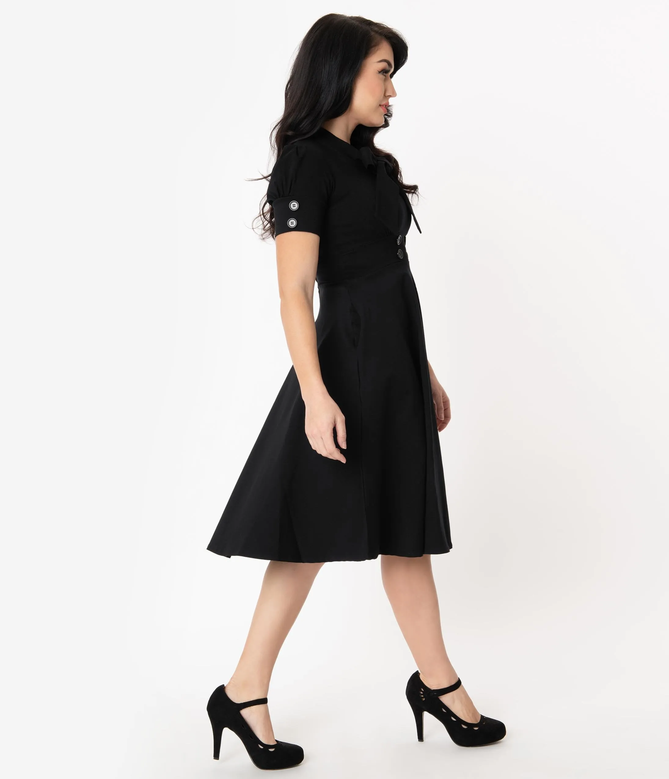 1950s Style Black Puff Sleeve Swing Dress