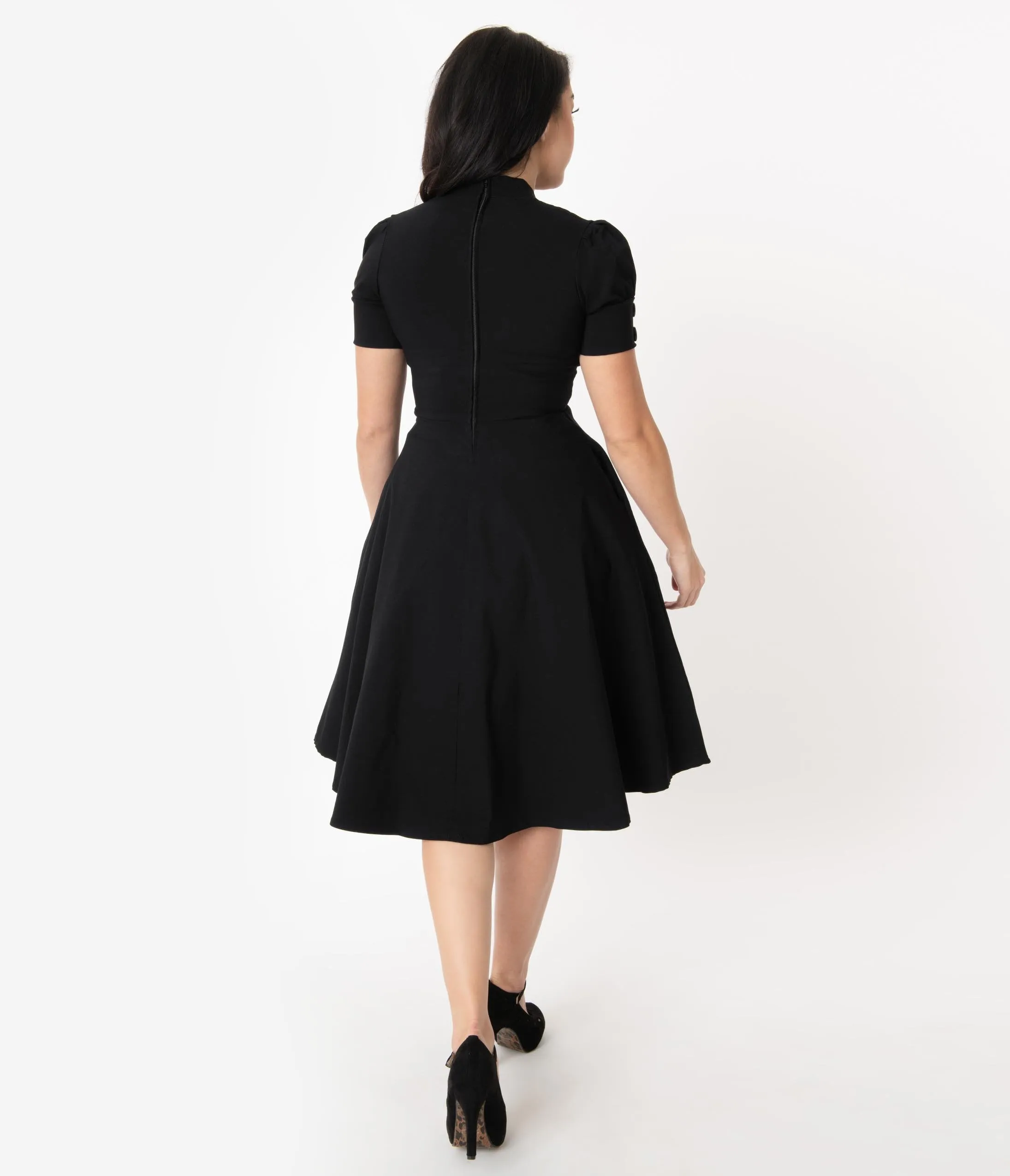 1950s Style Black Puff Sleeve Swing Dress