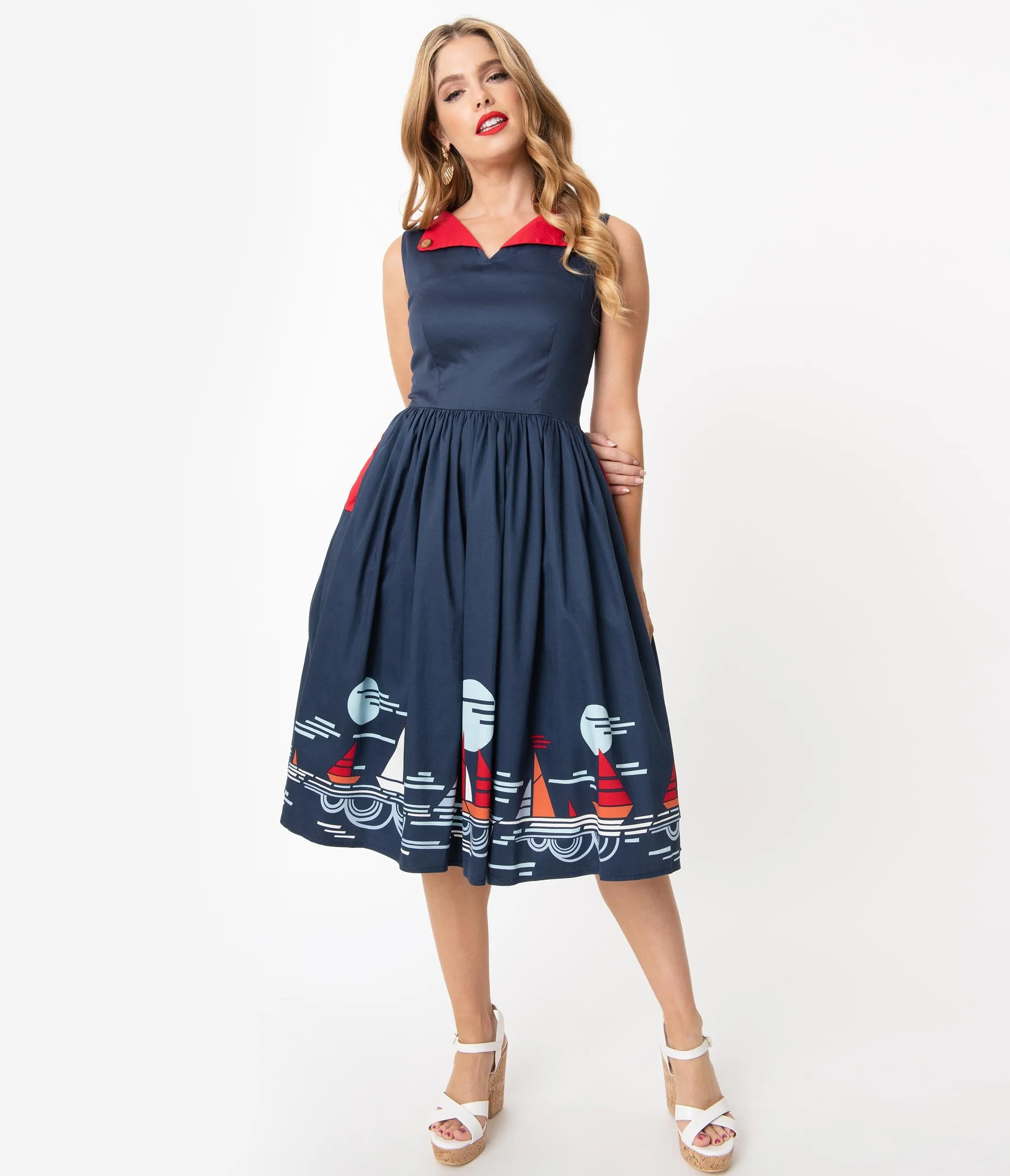 1950s Style Navy Summer Sailing Scene Swing Dress