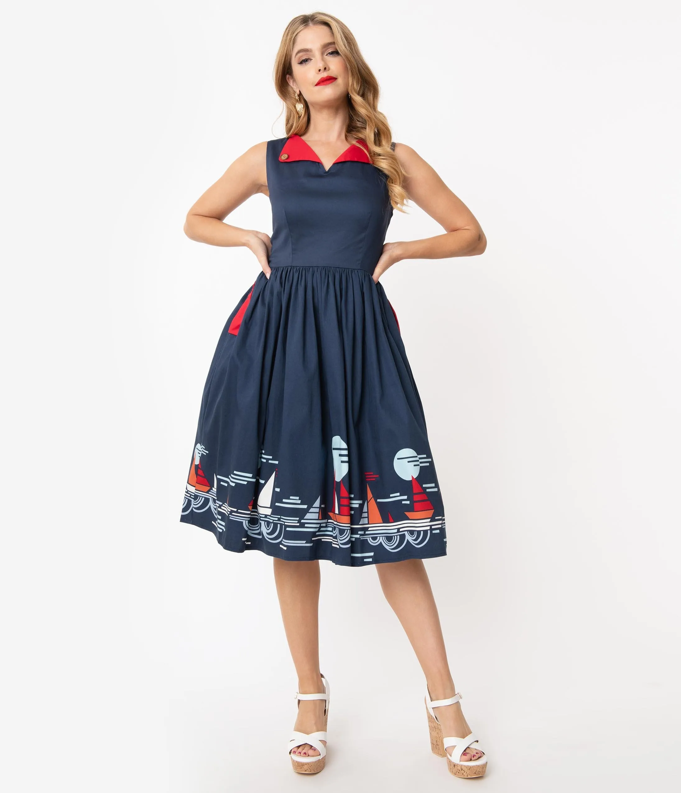 1950s Style Navy Summer Sailing Scene Swing Dress