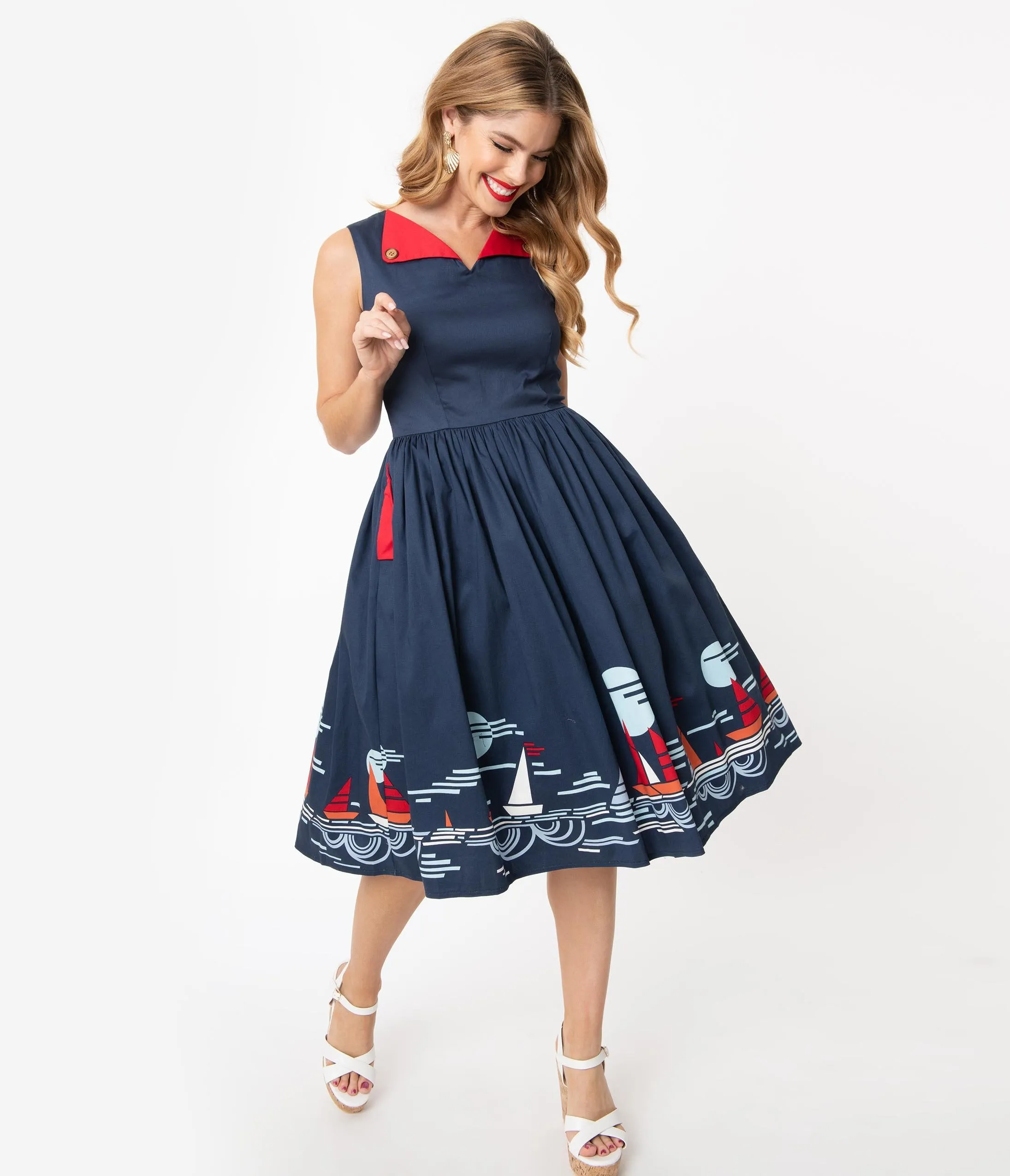 1950s Style Navy Summer Sailing Scene Swing Dress