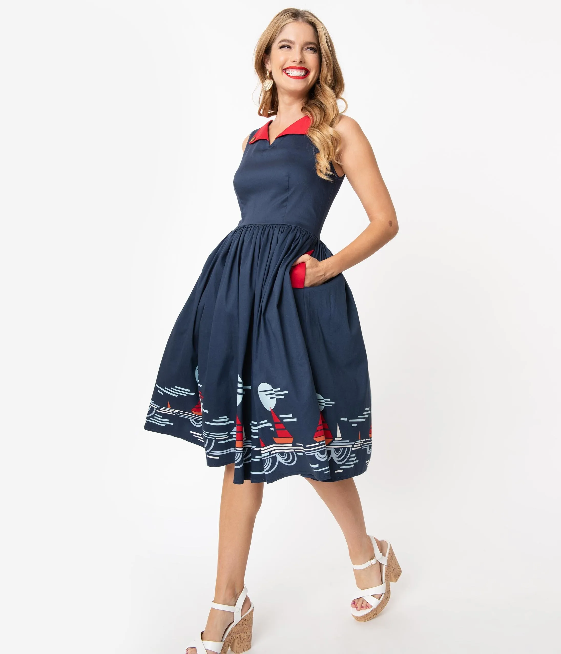 1950s Style Navy Summer Sailing Scene Swing Dress