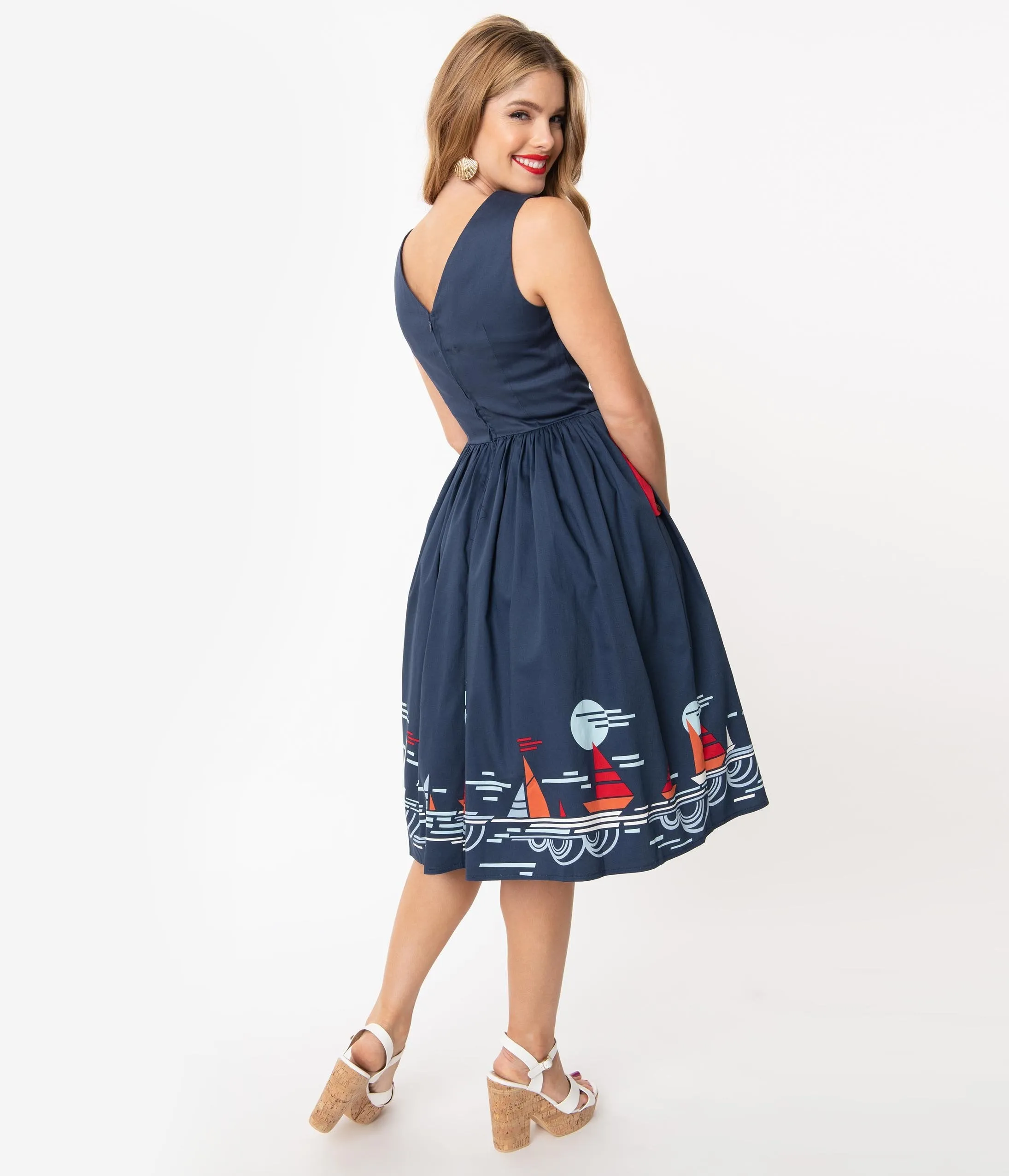 1950s Style Navy Summer Sailing Scene Swing Dress