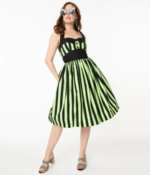 1950s Style Neon Green & Black Stripe Ashley Swing Dress