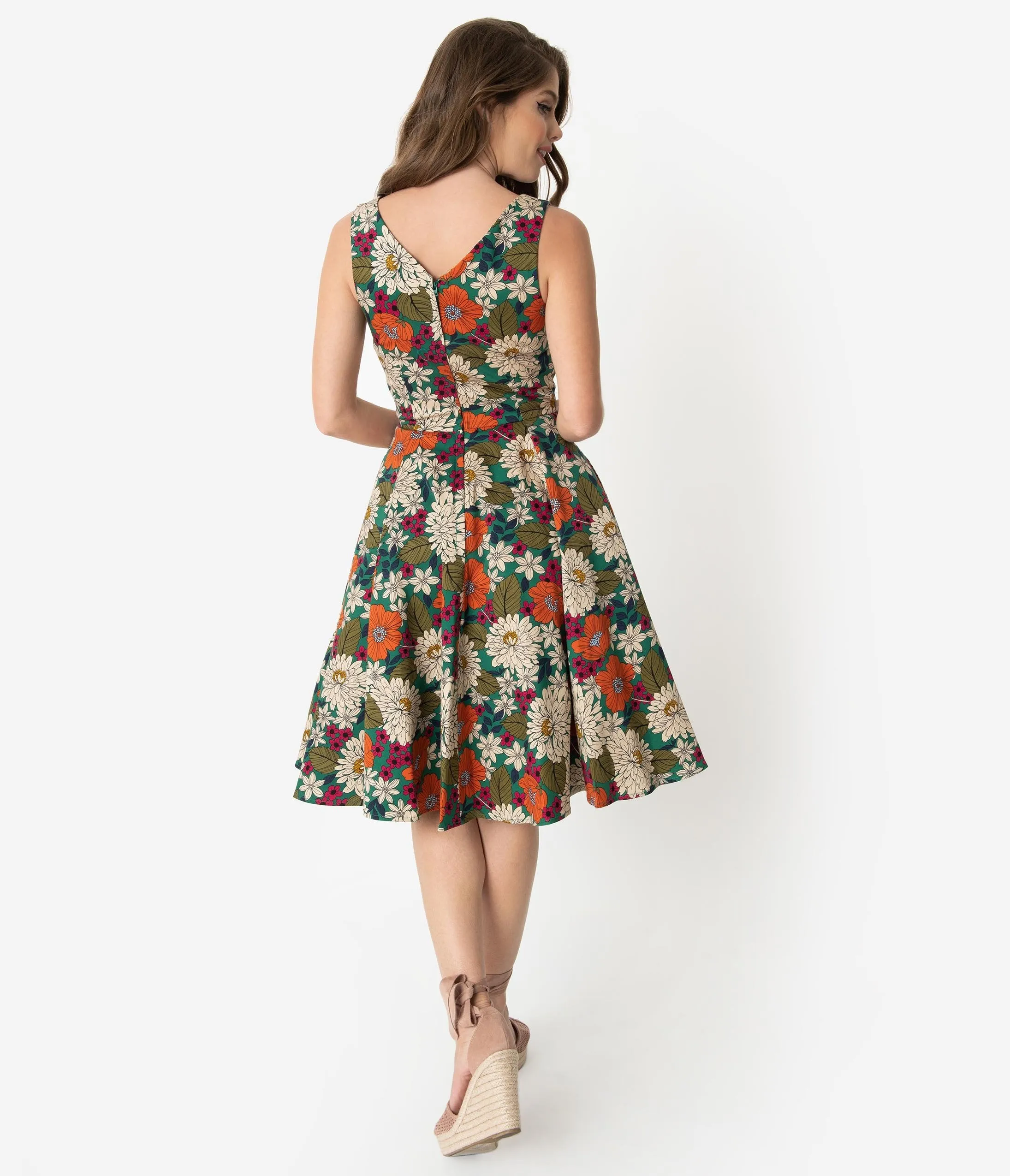 1970s Style Multicolor Floral Print Sleeveless Swing Dress