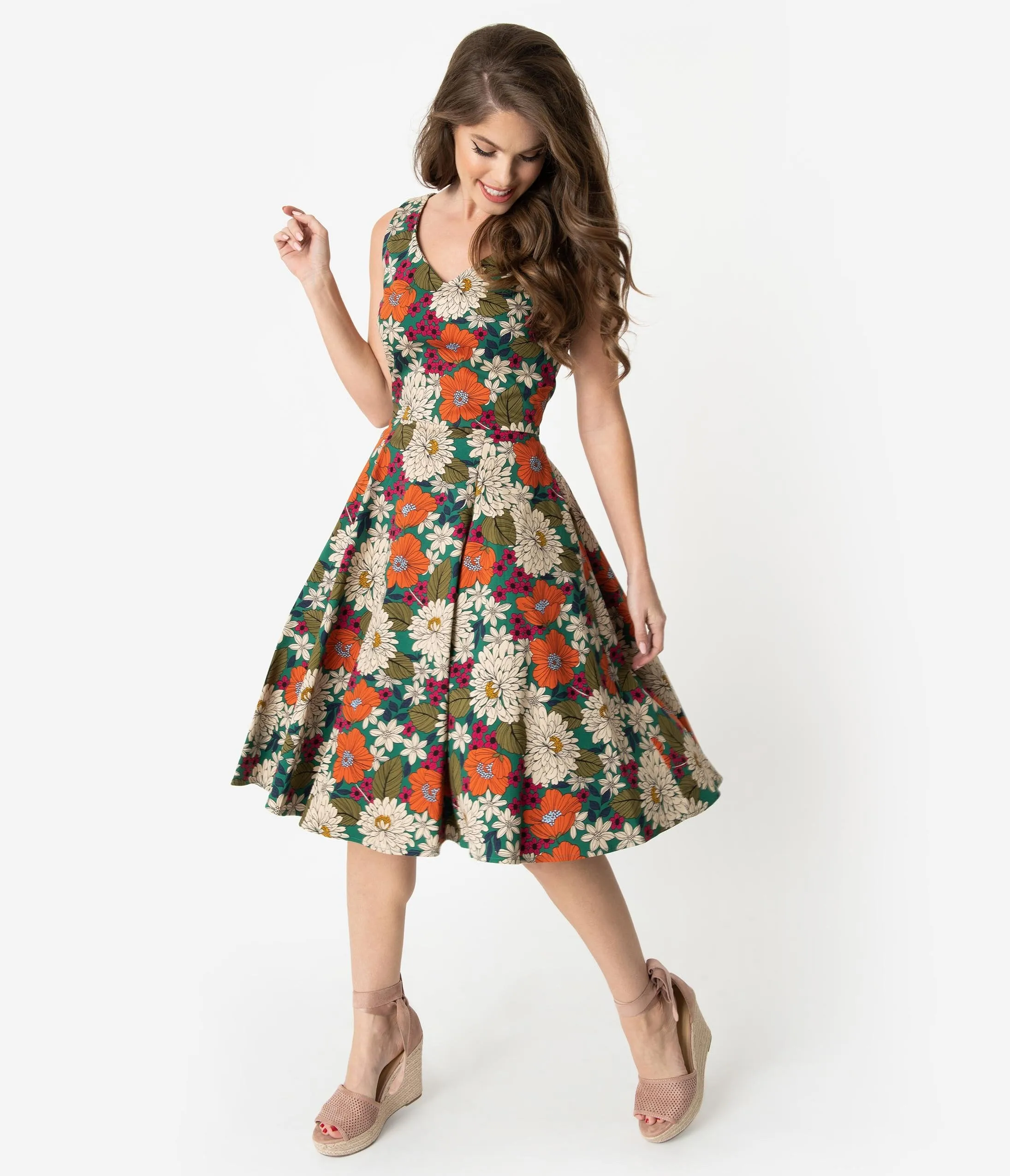 1970s Style Multicolor Floral Print Sleeveless Swing Dress