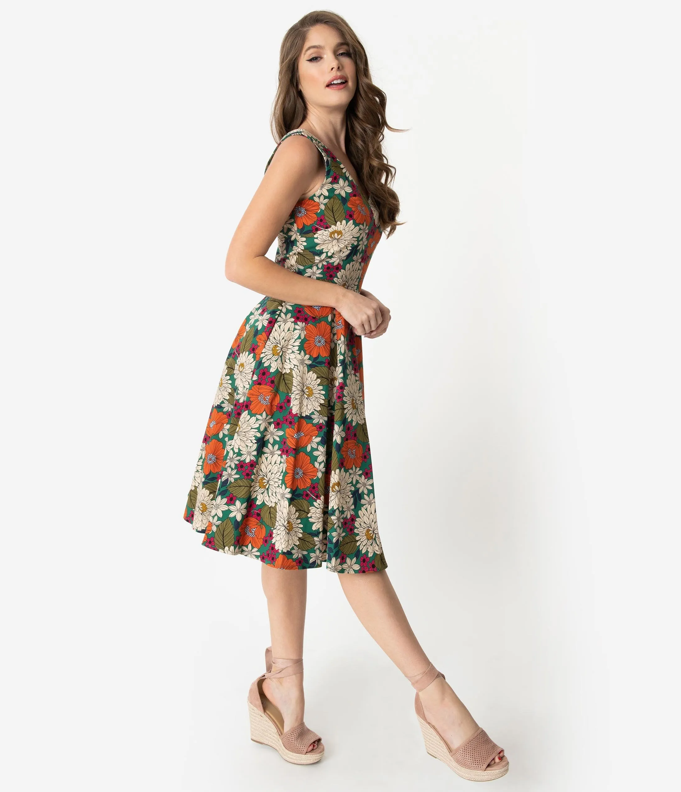 1970s Style Multicolor Floral Print Sleeveless Swing Dress