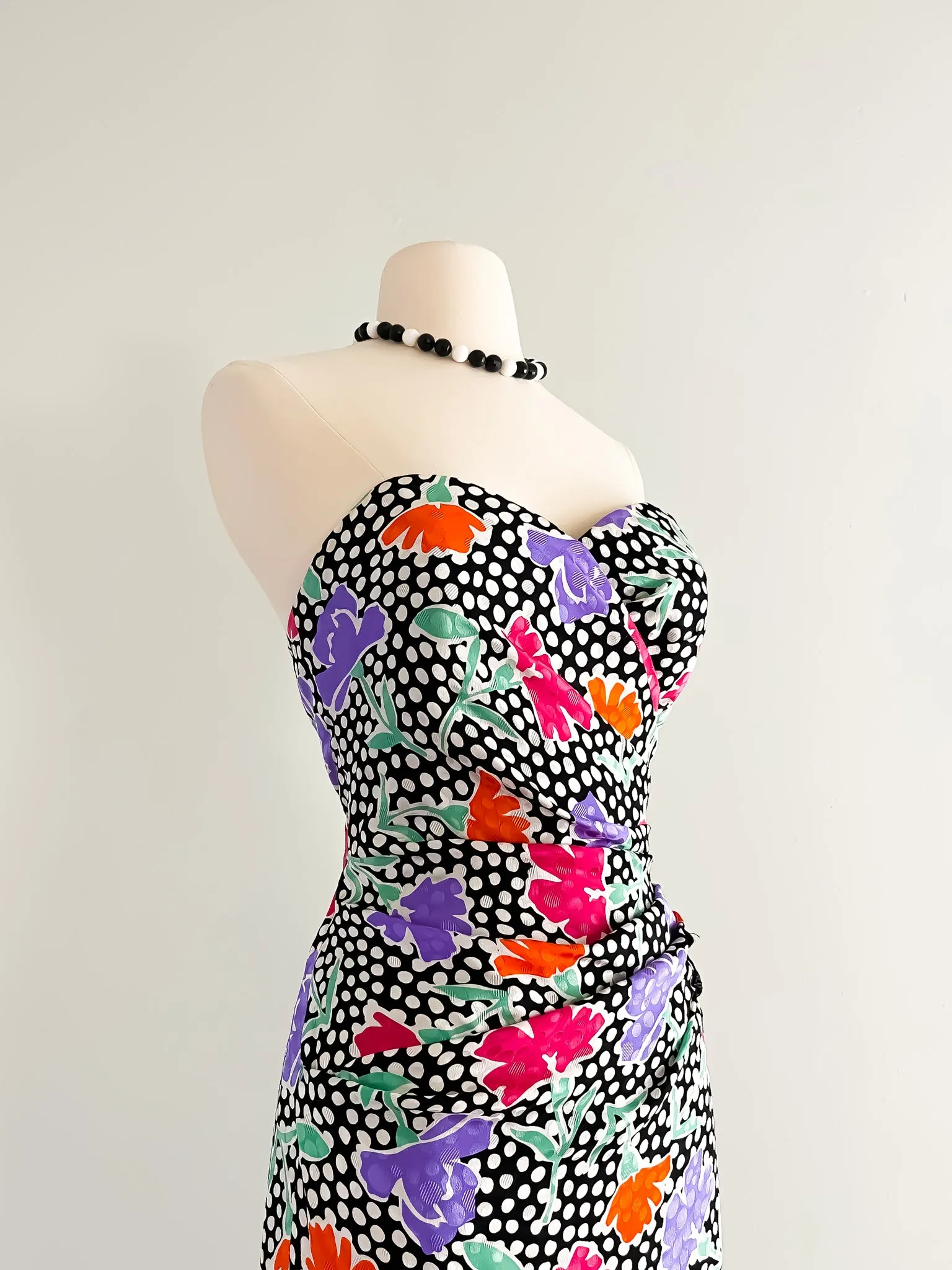 1980's AJ Bari Polka Dot Floral Print Party Dress / Sz M