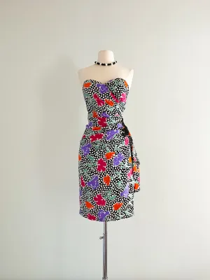 1980's AJ Bari Polka Dot Floral Print Party Dress / Sz M