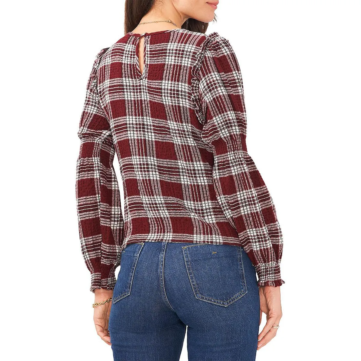 1.State Womens Plaid Ruffled Pullover Top