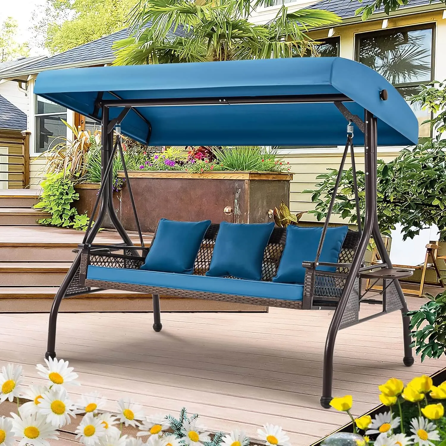 3-Person Outdoor Wicker Porch Swing with Adjustable Canopy Back Yard Blue