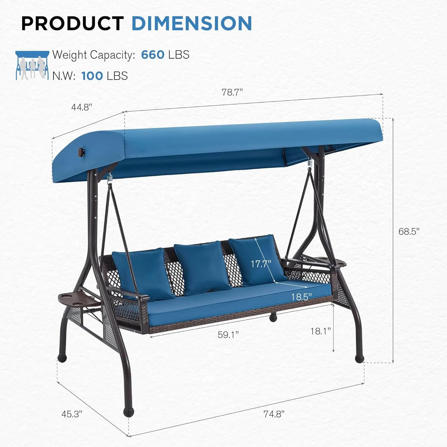 3-Person Outdoor Wicker Porch Swing with Adjustable Canopy Back Yard Blue