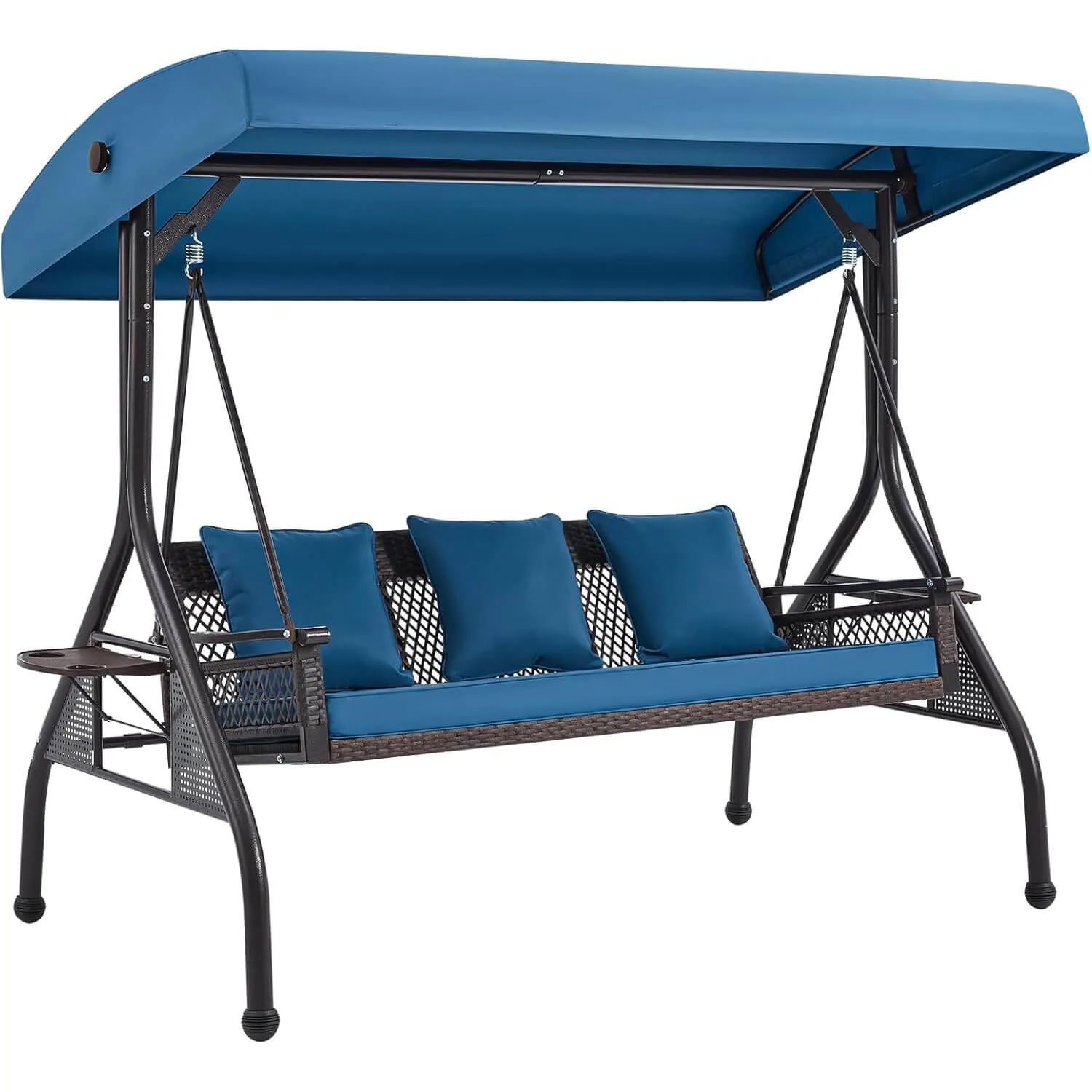 3-Person Outdoor Wicker Porch Swing with Adjustable Canopy Back Yard Blue