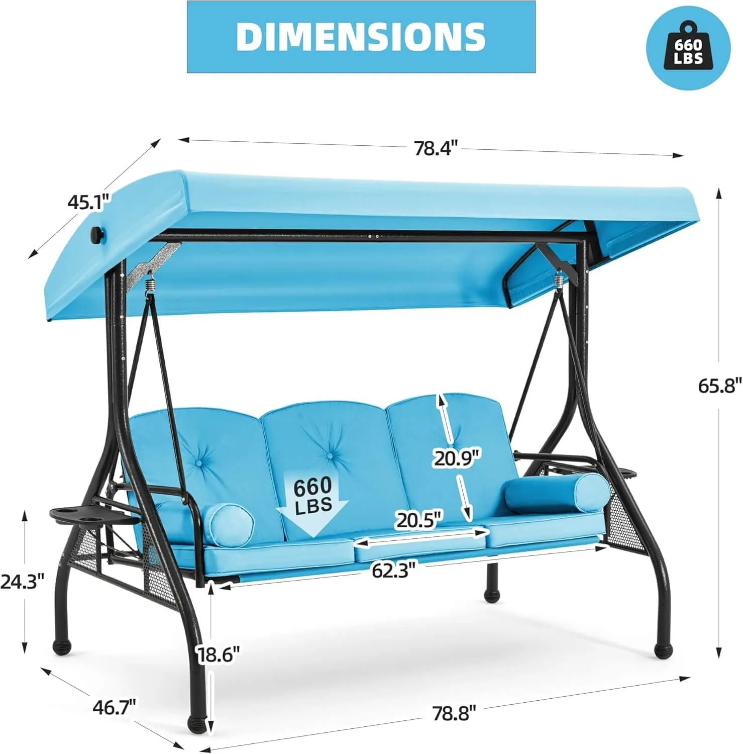 3-Seat Outdoor Porch Swing with Adjustable Canopy and Backrest, Sky Blue