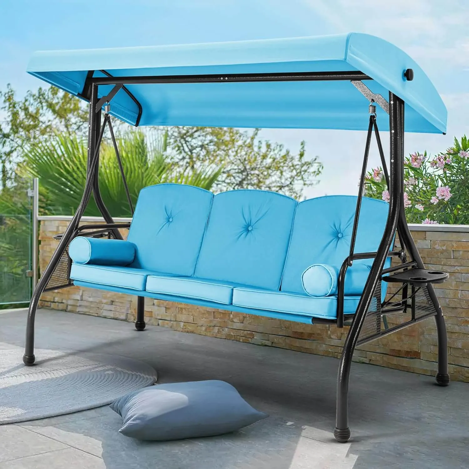 3-Seat Outdoor Porch Swing with Adjustable Canopy and Backrest, Sky Blue