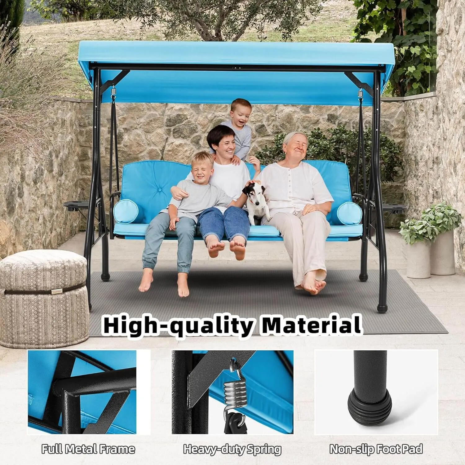 3-Seat Outdoor Porch Swing with Adjustable Canopy and Backrest, Sky Blue