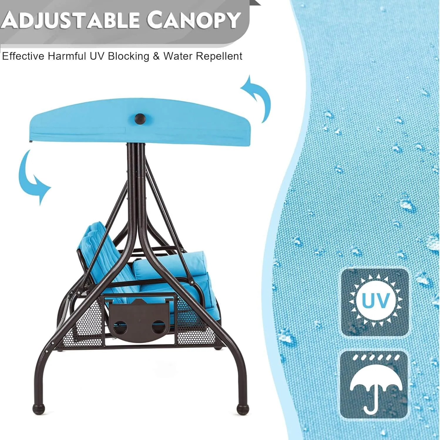 3-Seat Outdoor Porch Swing with Adjustable Canopy and Backrest, Sky Blue