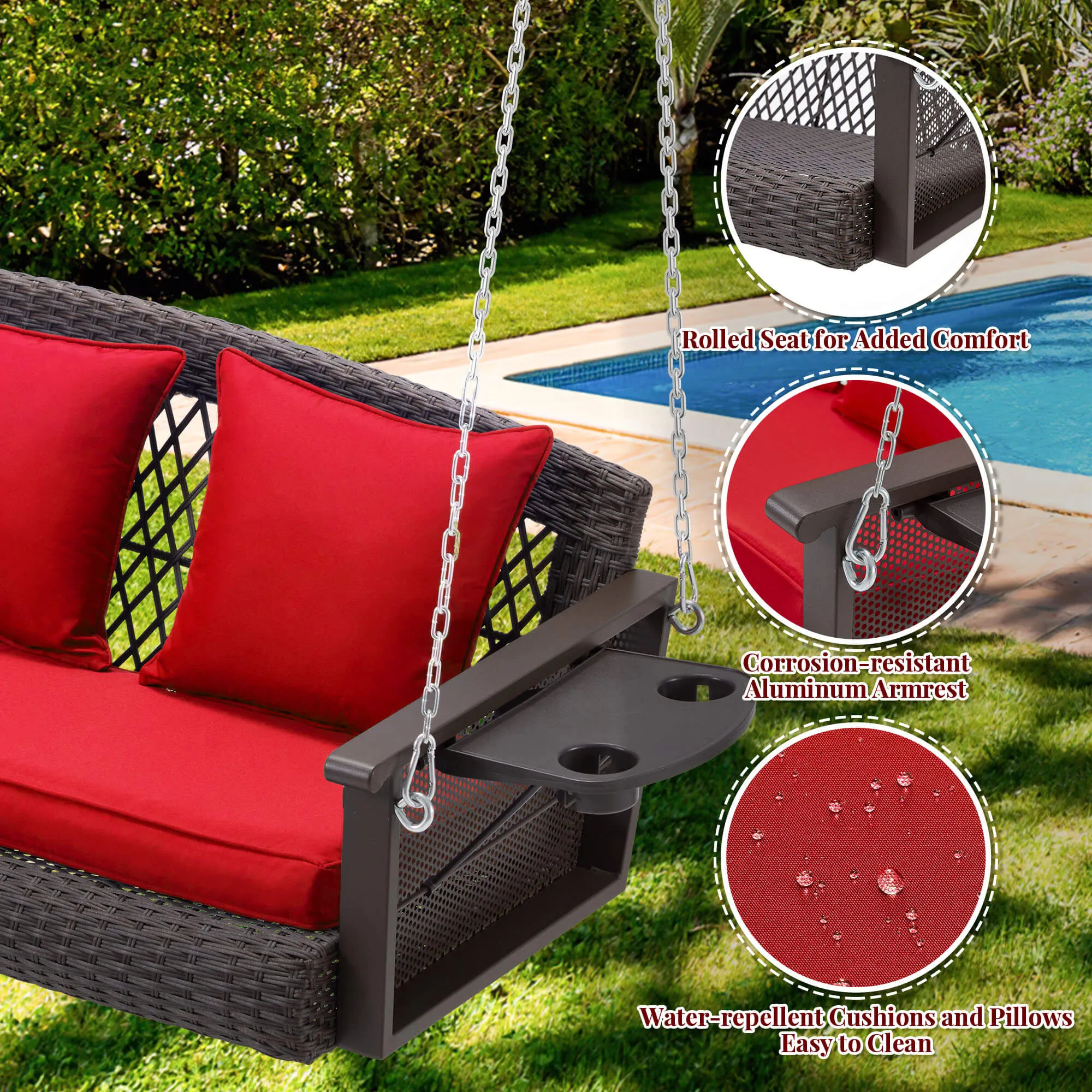 3-Seater Patio Hanging Swing Bed with Cup Holders and Cushions ,Red