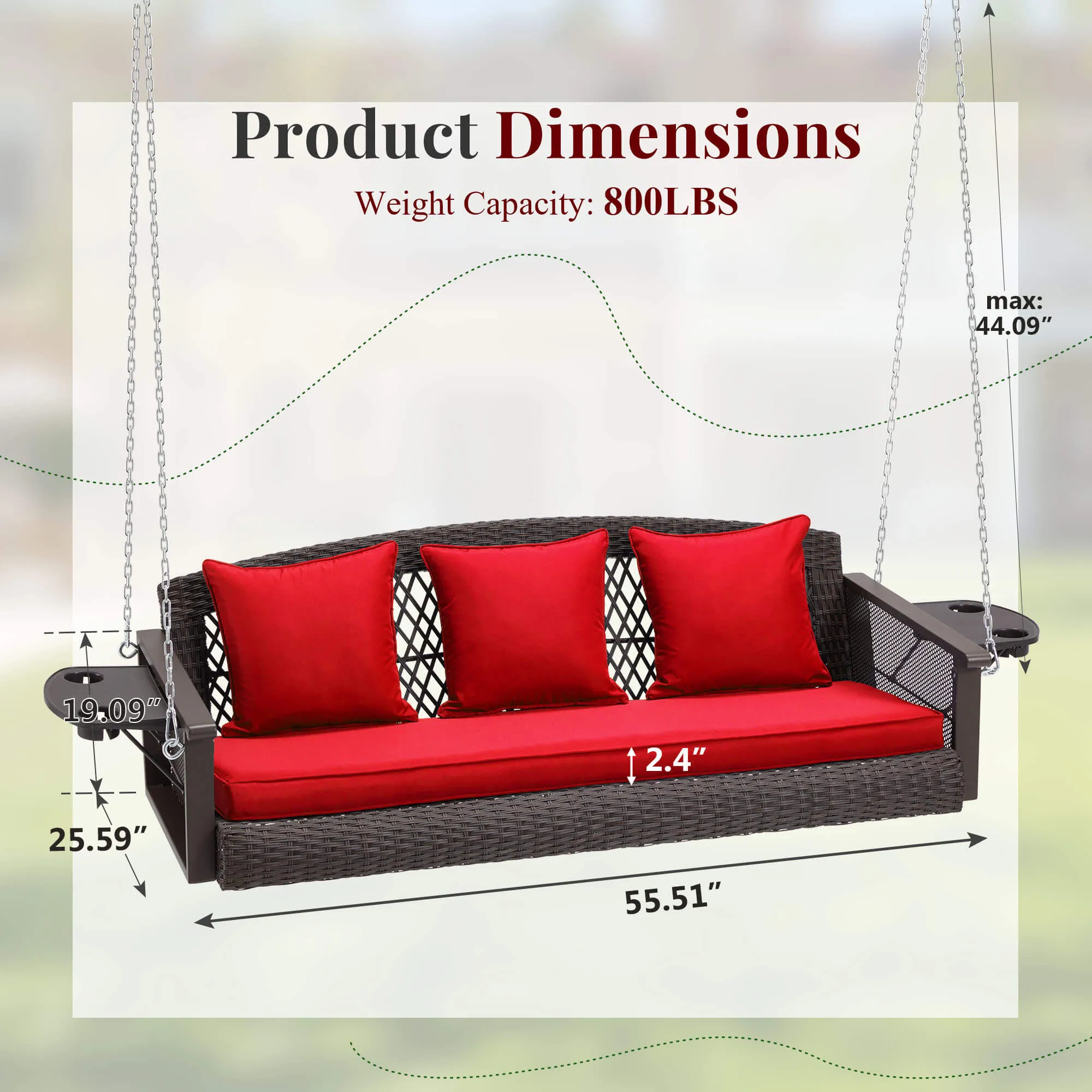 3-Seater Patio Hanging Swing Bed with Cup Holders and Cushions ,Red