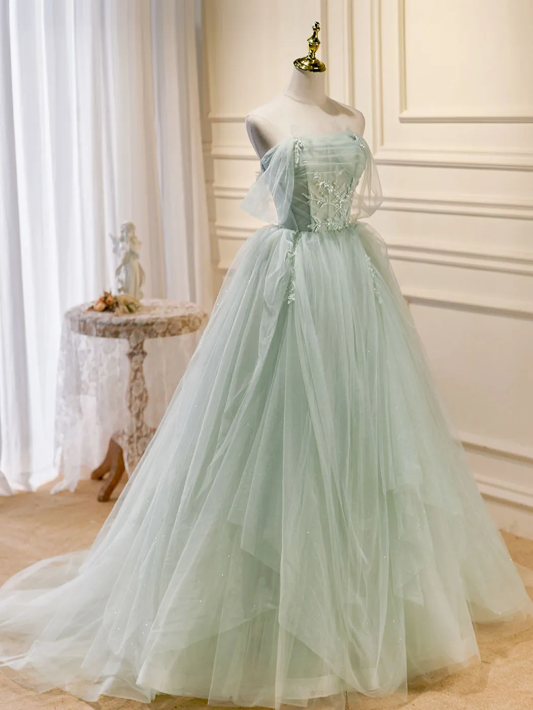 A-Line Off Shoulder Tulle Green Long Prom Dresses, Green Formal Dress with Beading