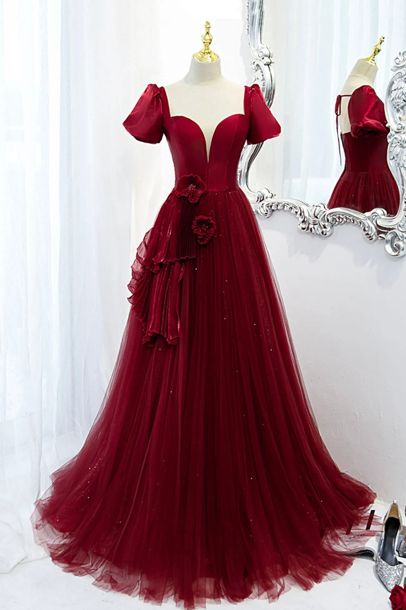 A-Line Satin Tulle Long Prom Dresses Burgundy Evening Dresses