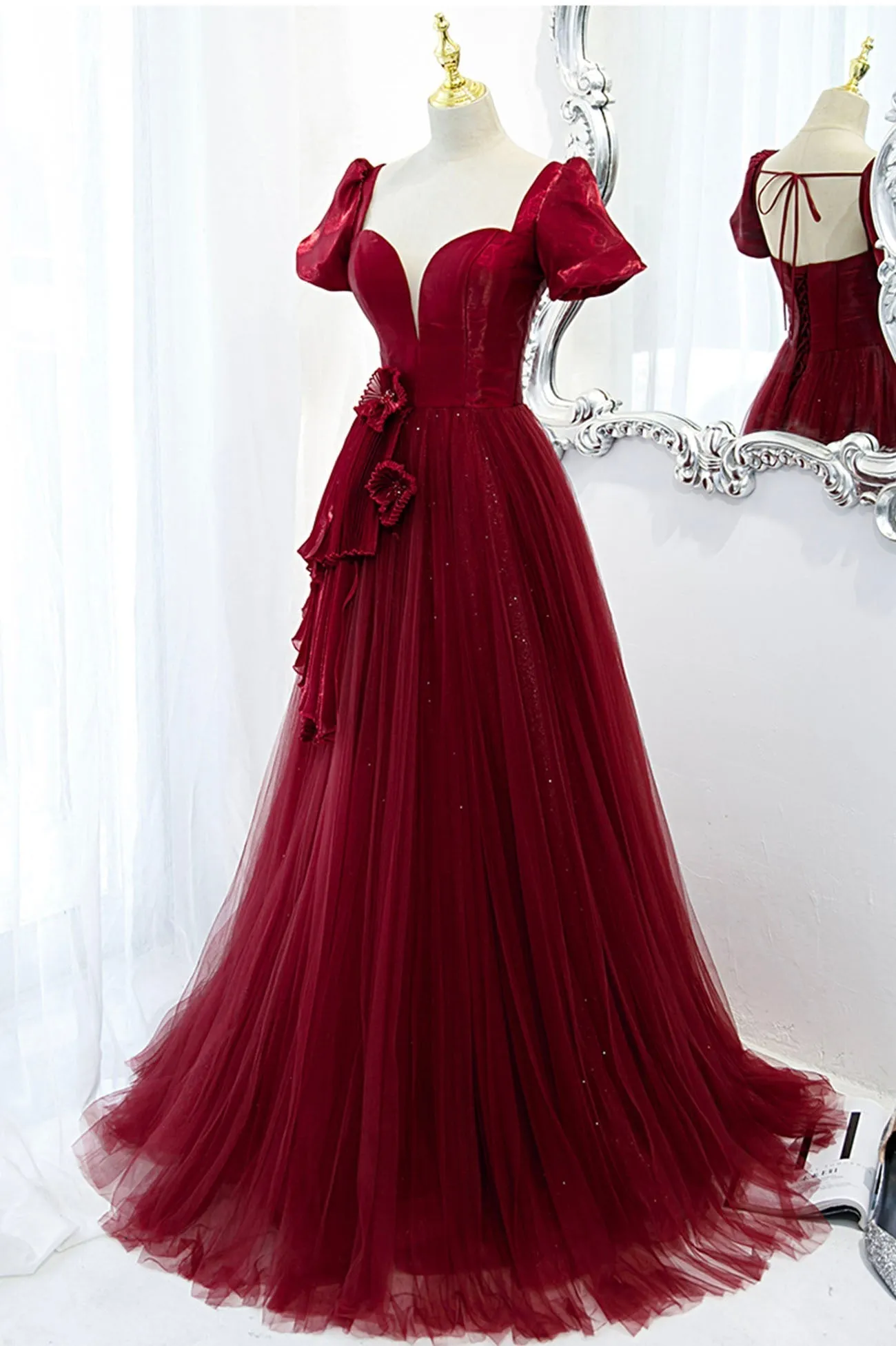 A-Line Satin Tulle Long Prom Dresses Burgundy Evening Dresses