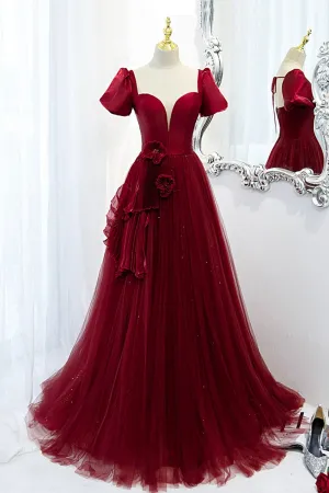 A-Line Satin Tulle Long Prom Dresses Burgundy Evening Dresses