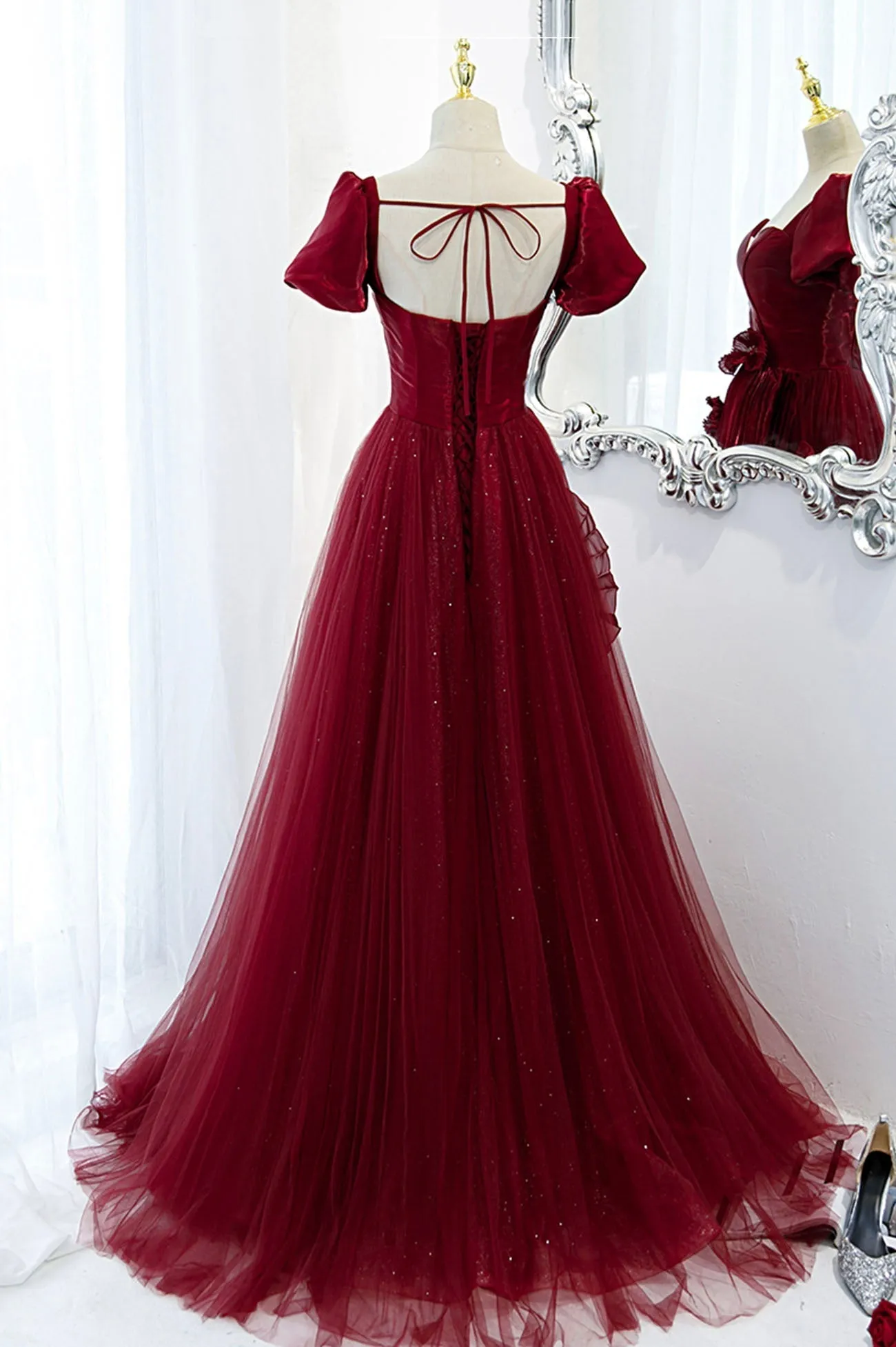 A-Line Satin Tulle Long Prom Dresses Burgundy Evening Dresses