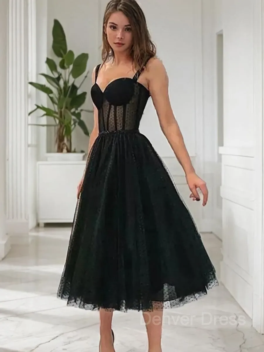 A-Line Straps Tea-Length Lace Homecoming Dresses With Ruffles