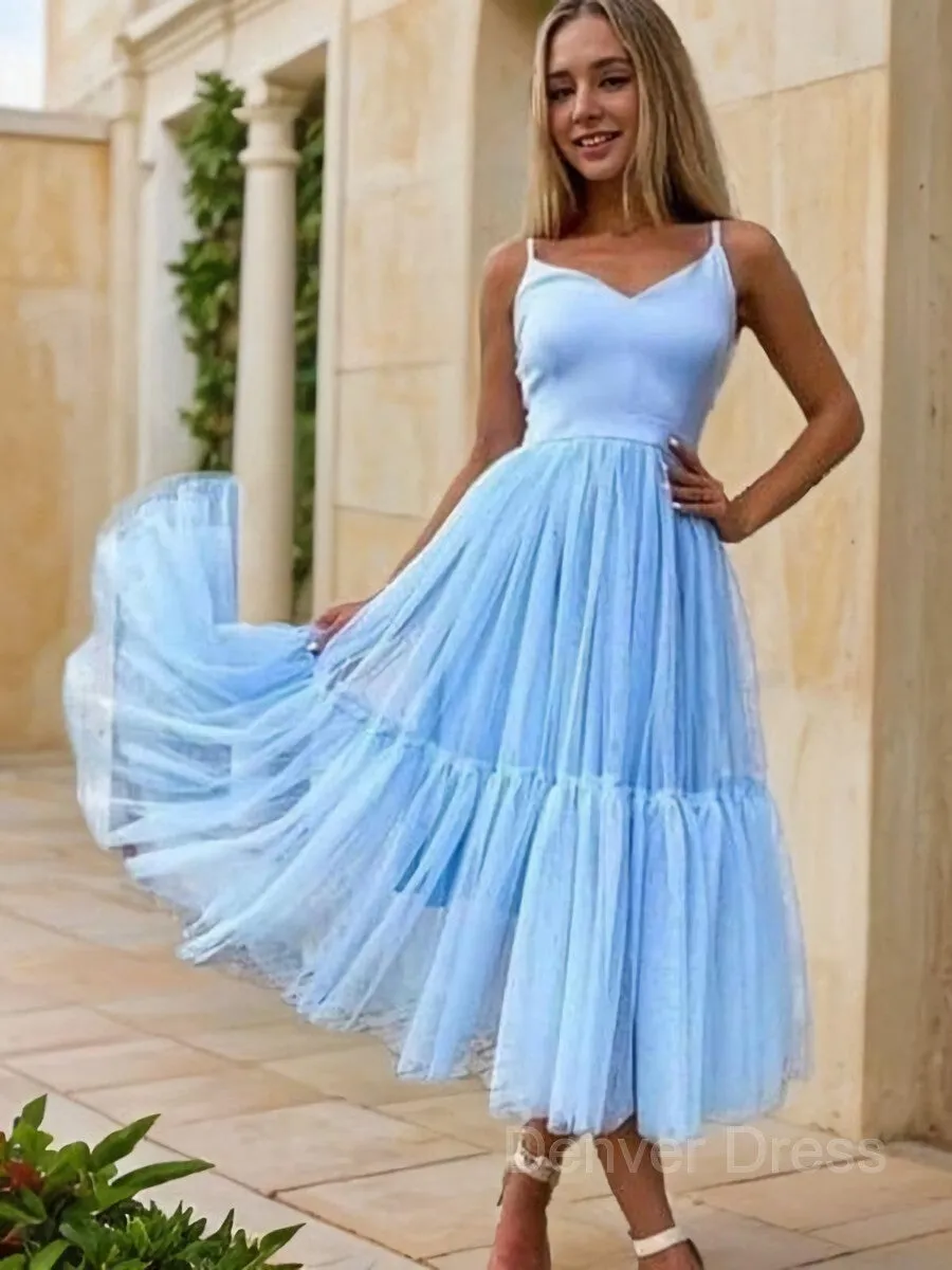 A-Line V-neck Tea-Length Tulle Homecoming Dresses With Pleated